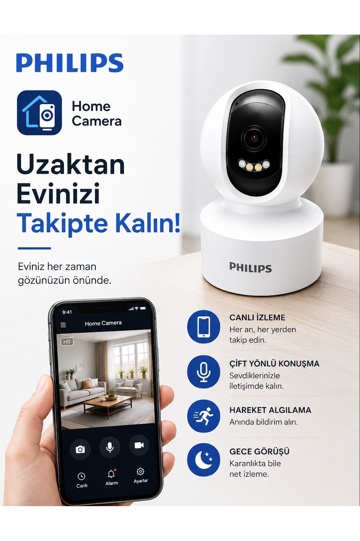 Philips TAI6000W Full HD Akıllı Ev Kamerası | 355° Panoramik Görüş | Gece Görüşü | Hareket Takibi | 128 GB MicroSD Desteği