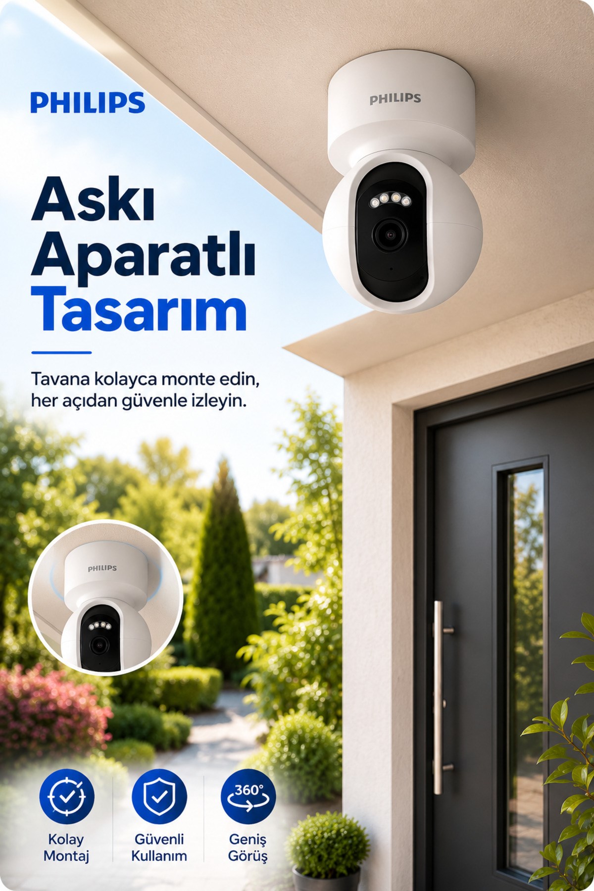 Philips TAI6000W Full HD Akıllı Ev Kamerası | 355° Panoramik Görüş | Gece Görüşü | Hareket Takibi | 128 GB MicroSD Desteği