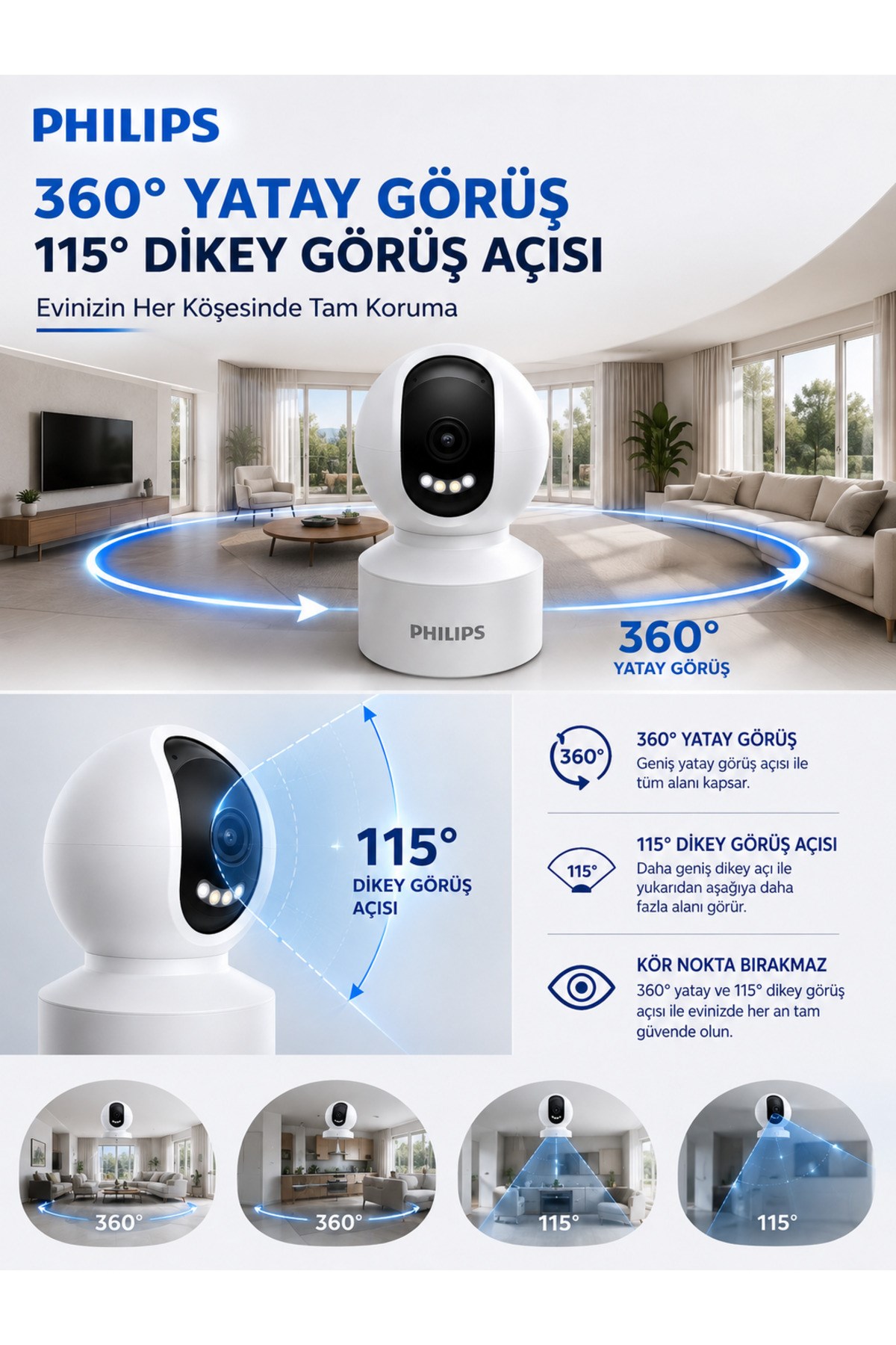 Philips TAI6000W Full HD Akıllı Ev Kamerası | 355° Panoramik Görüş | Gece Görüşü | Hareket Takibi | 128 GB MicroSD Desteği
