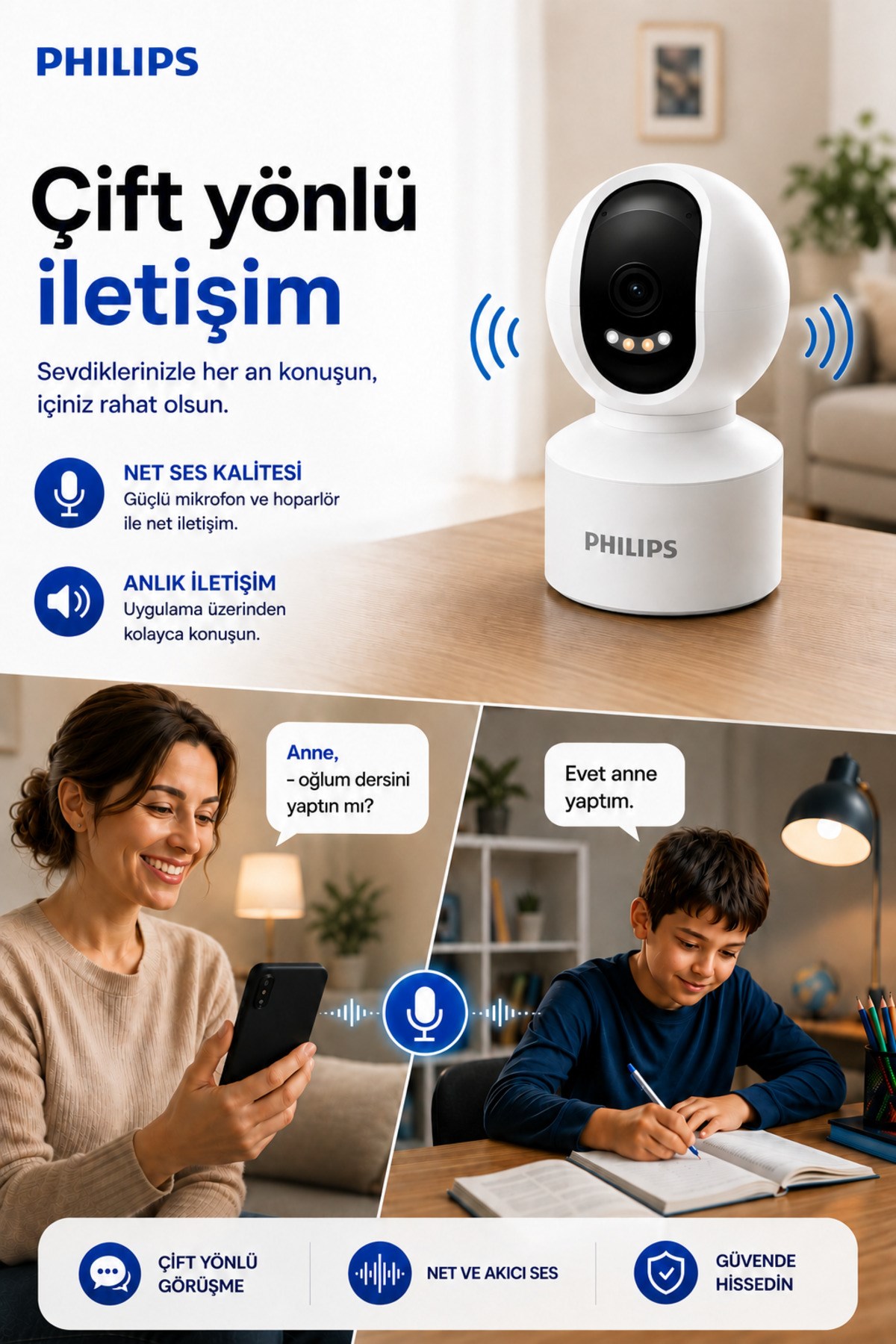 Philips TAI6000W Full HD Akıllı Ev Kamerası | 355° Panoramik Görüş | Gece Görüşü | Hareket Takibi | 128 GB MicroSD Desteği