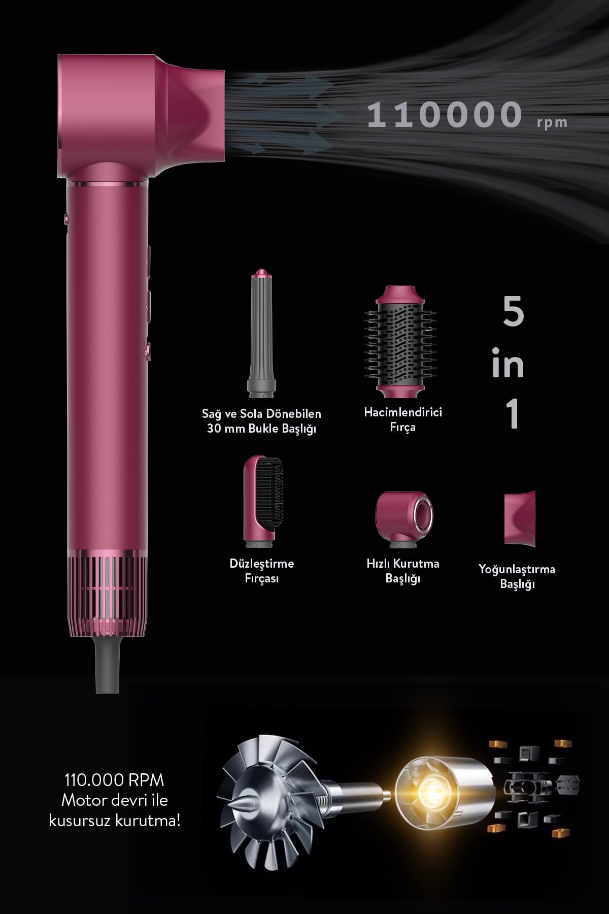 Pro Compact Uzun Multi-styler Hava Üfleme 5in1 Saç Şekillendirici Bldc Shd-1729 Royal Gilded Red