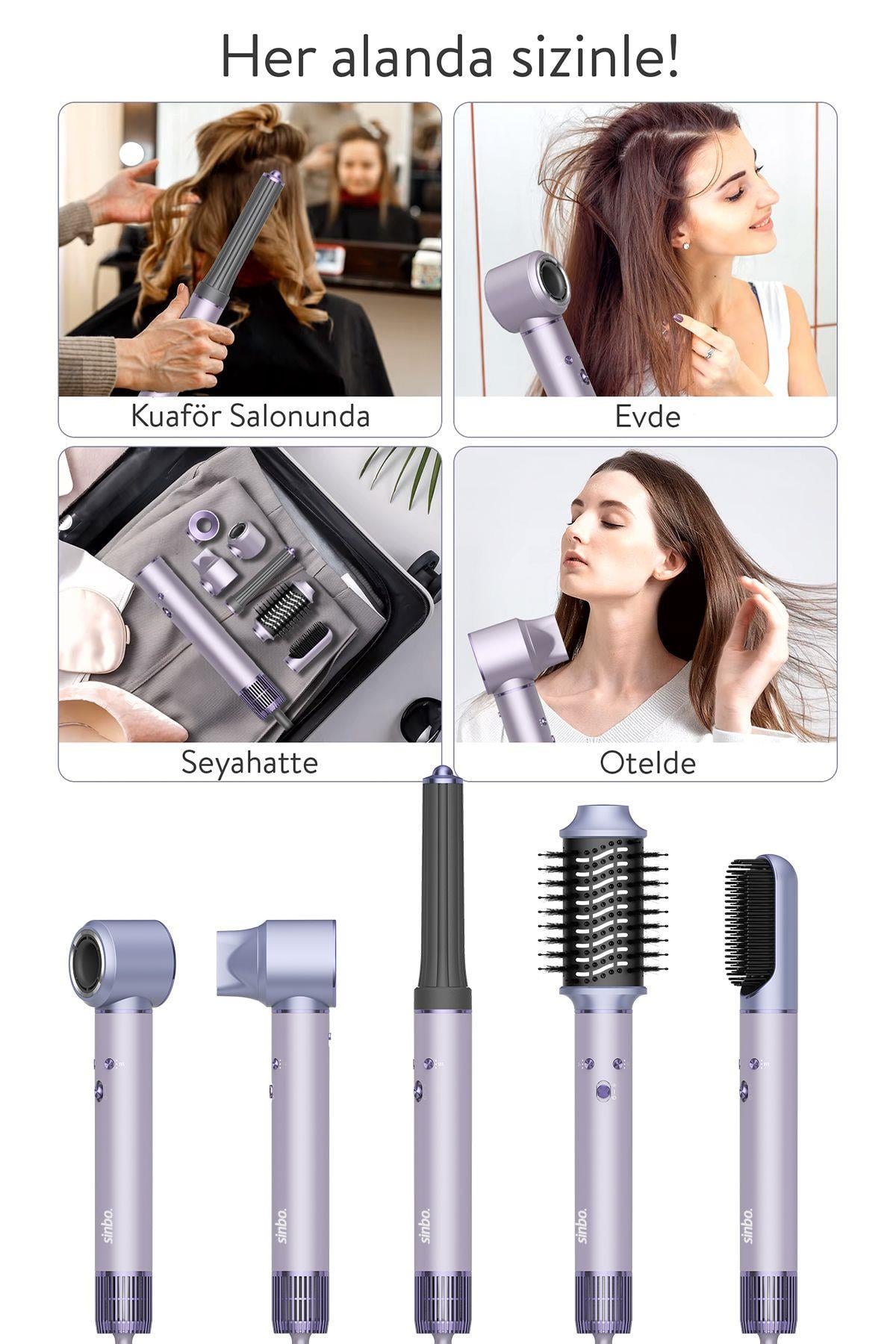 Sinbo Pro Airwrap Compact Uzun Multi-styler Hava Üfleme 5in1 Saç Şekillendirici Bldc Motor Shd-1719 -Mor