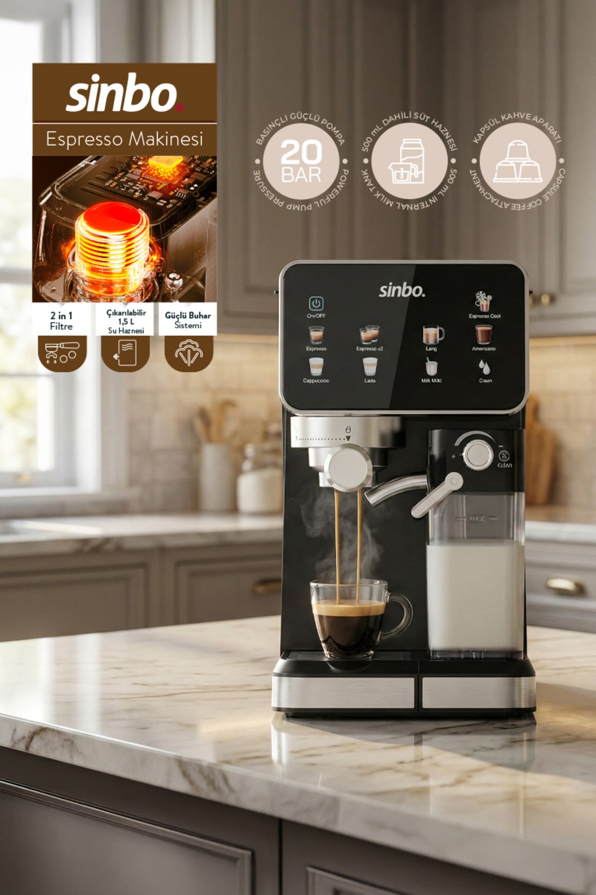Sinbo Scm‑2995 Pro Kapsüllü & Toz Kahve Espresso Makinesi – 20 bar Basınç, Süt Haznesi, Dokunmatik