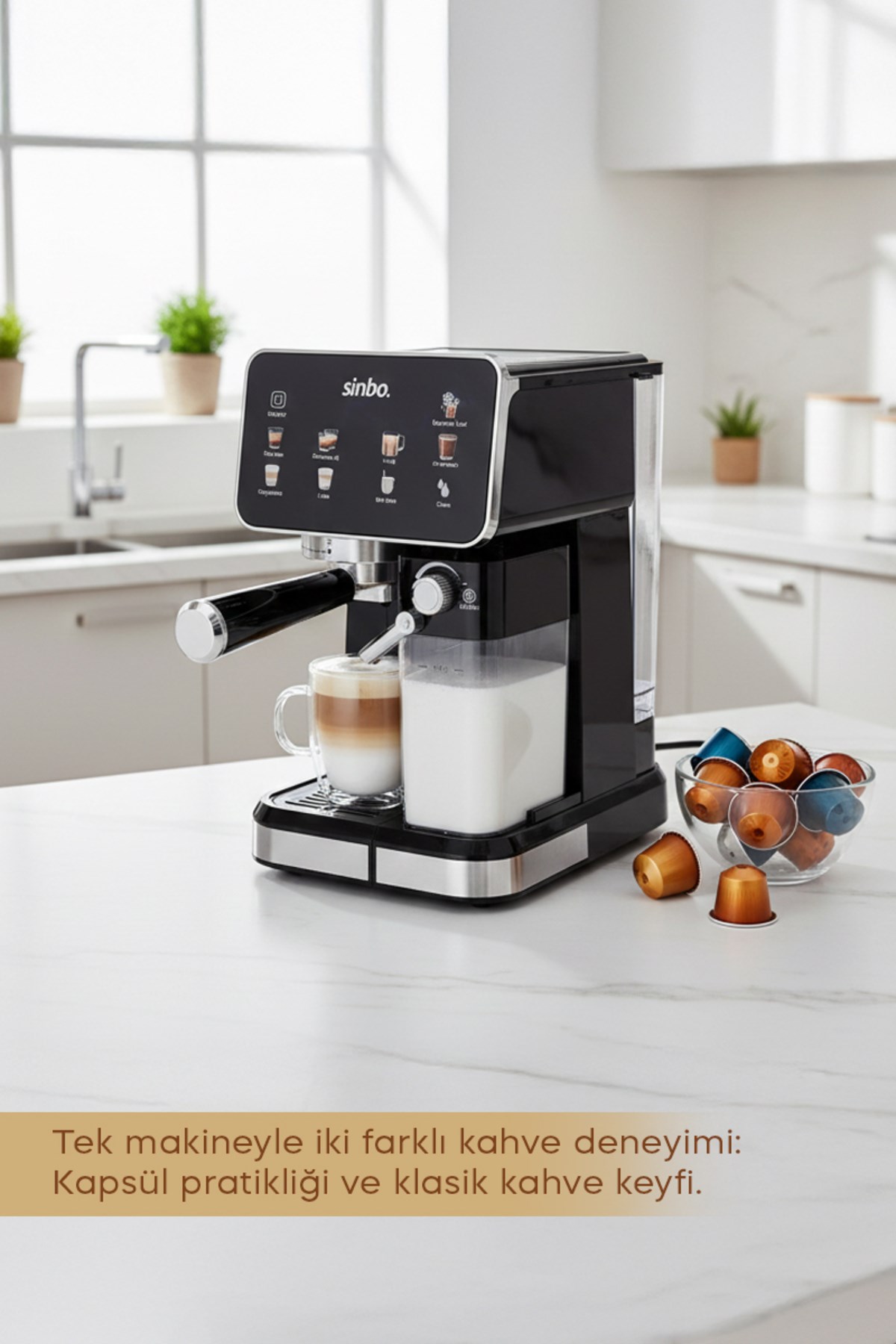 Sinbo Scm‑2995 Pro Kapsüllü & Toz Kahve Espresso Makinesi – 20 bar Basınç, Süt Haznesi, Dokunmatik