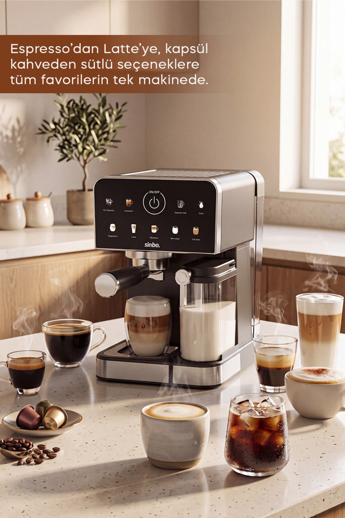 Sinbo SCM-3036 Pro 20 Bar Espresso Makinesi, 7 Kahve, Süt Hazneli, Kapsül Uyumlu
