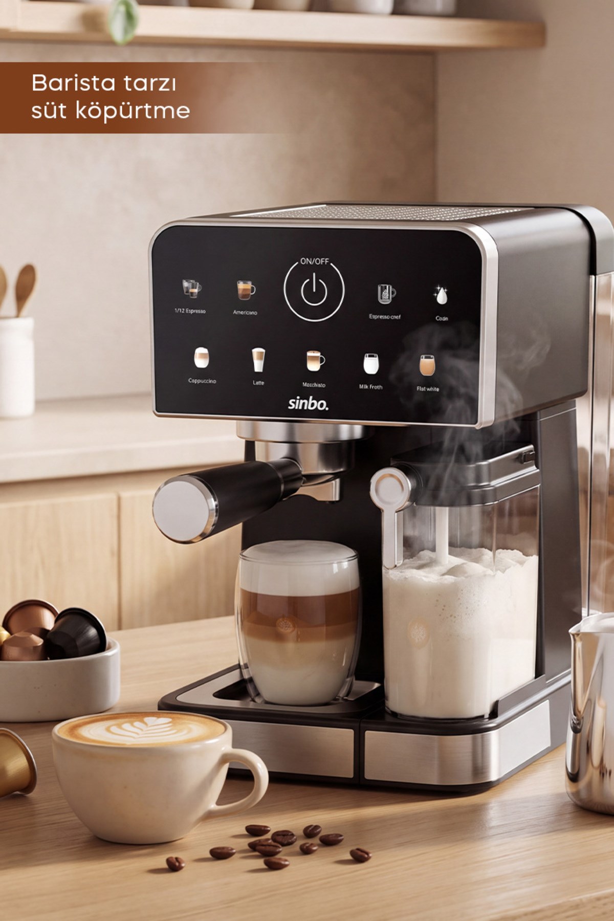 Sinbo SCM-3036 Pro 20 Bar Espresso Makinesi, 7 Kahve, Süt Hazneli, Kapsül Uyumlu