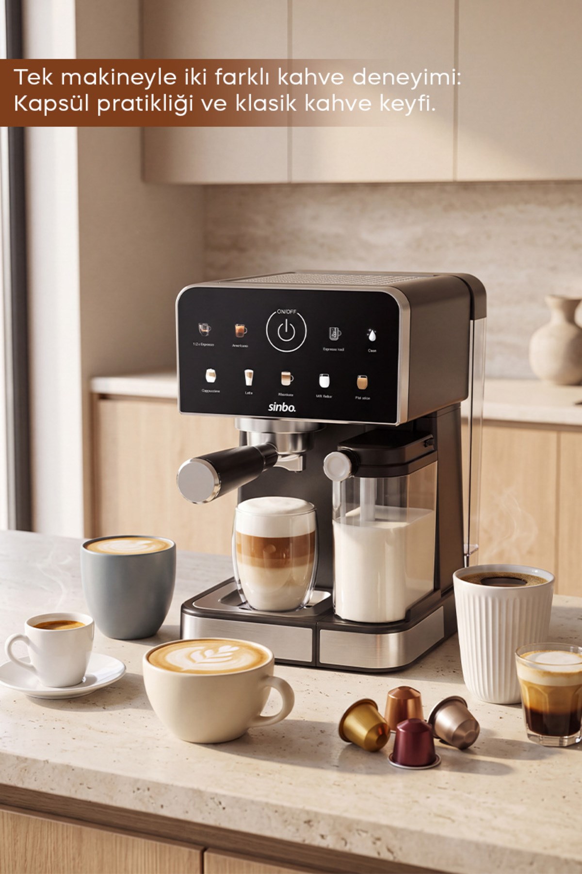 Sinbo SCM-3036 Pro 20 Bar Espresso Makinesi, 7 Kahve, Süt Hazneli, Kapsül Uyumlu