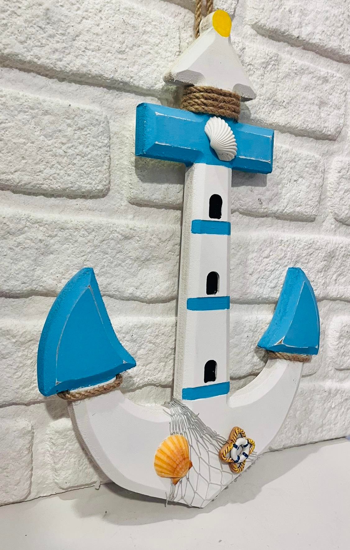 Ahşap Fener Detaylı Çıpa Çapa Marine Denizci Bebek Odası Ev Duvar Dekoru 43 X 30 CM