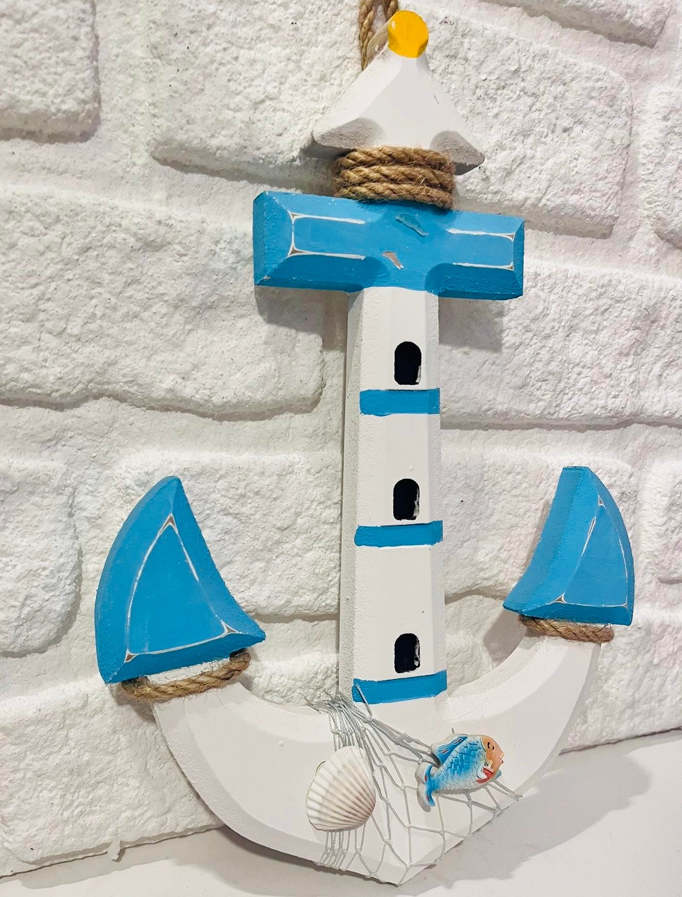 Ahşap Fener Detaylı Çıpa Çapa Marine Denizci Mini Balıklı Mavi Beyaz Ev Duvar Dekoru 32 x 23 cm