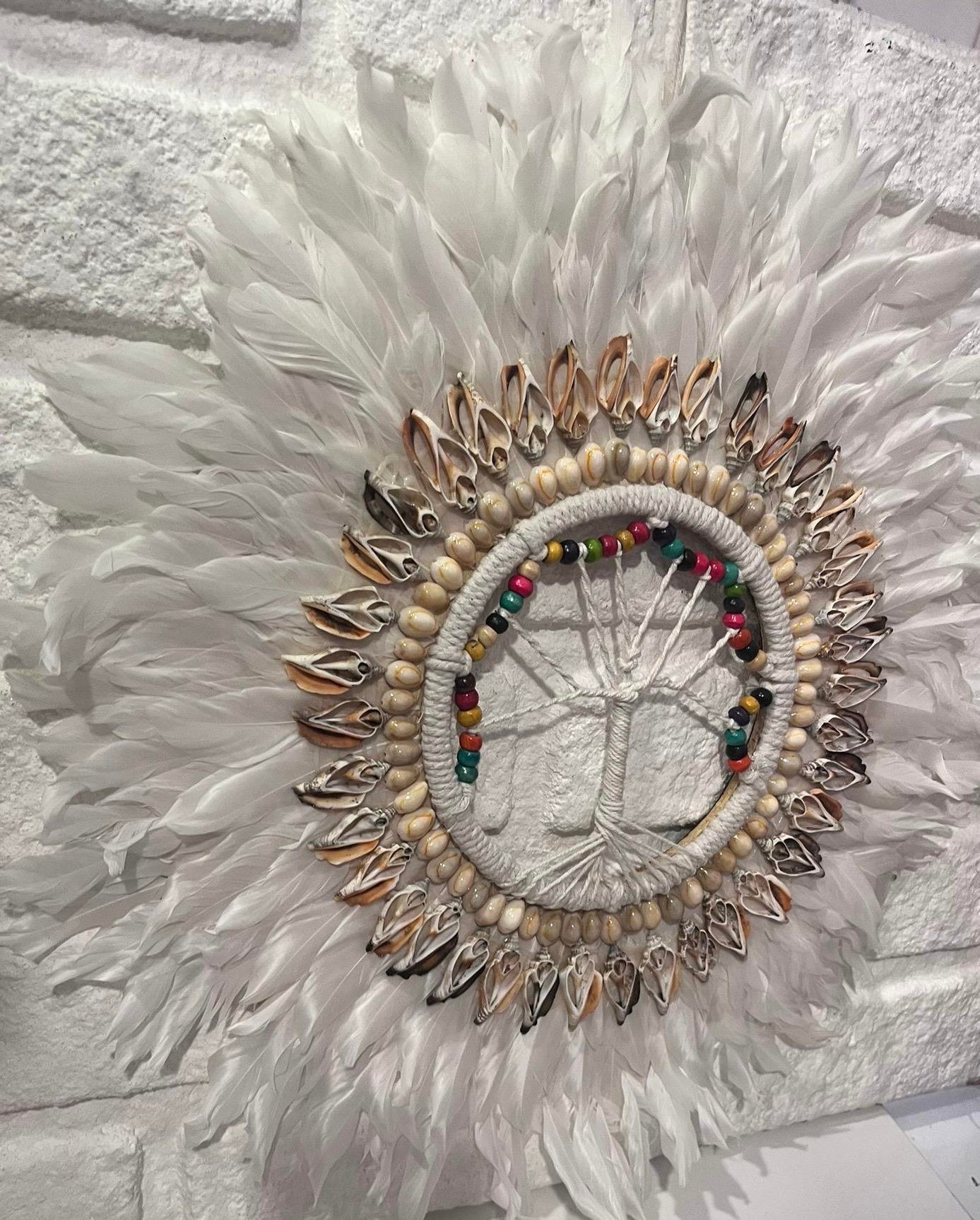 Hayat Ağacı Detaylı Boncuklu Deniz Kabuklu Kuş Tüyü Düş Kabanı Duvar Dekoru Süsü Ölçüsü 45 cm