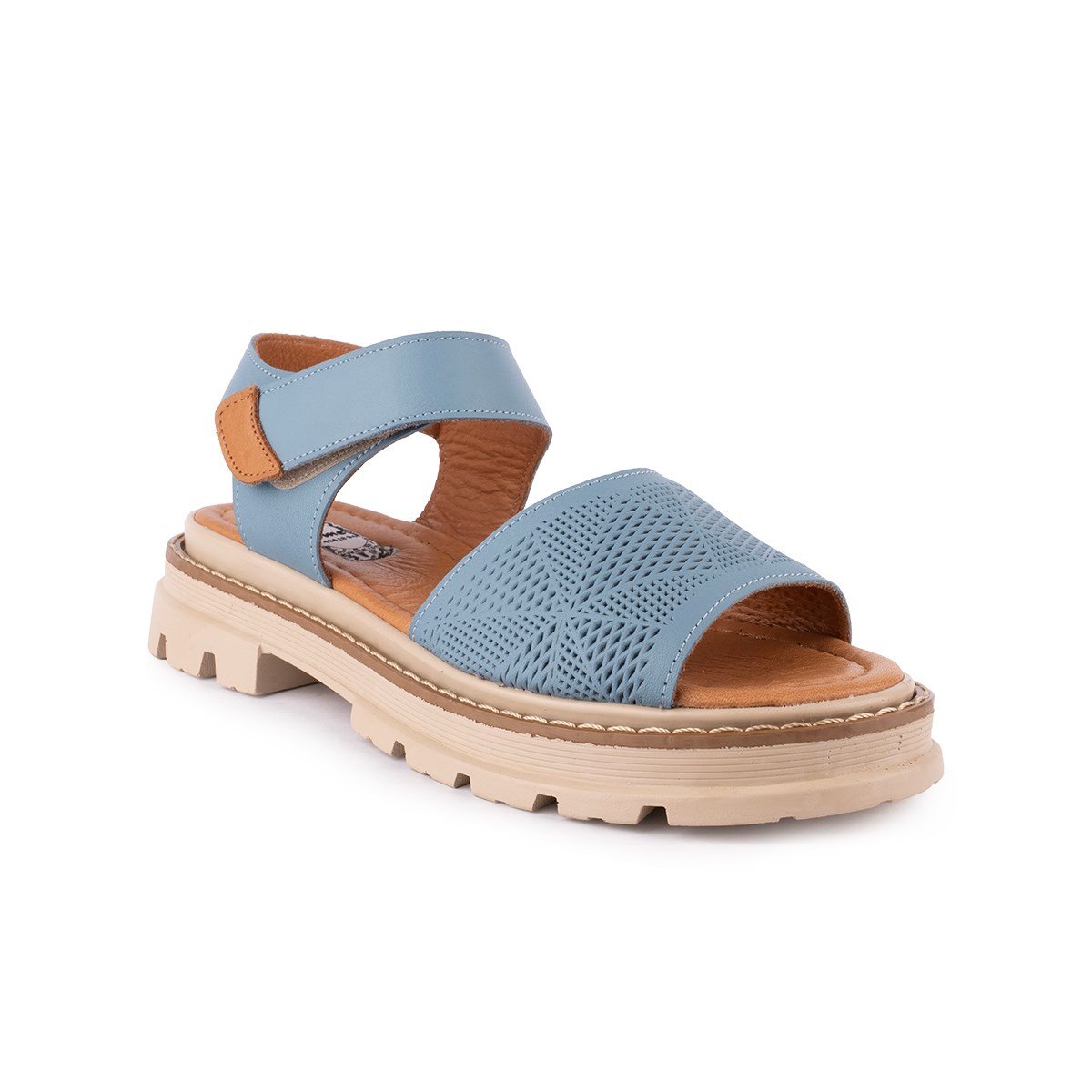  Hakiki Deri Lazer Baskılı Ledy Modern Sandalet Kot Mavi 09-LN-34