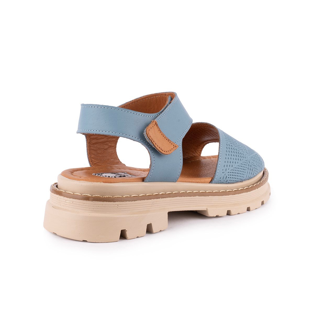  Hakiki Deri Lazer Baskılı Ledy Modern Sandalet Kot Mavi 09-LN-34
