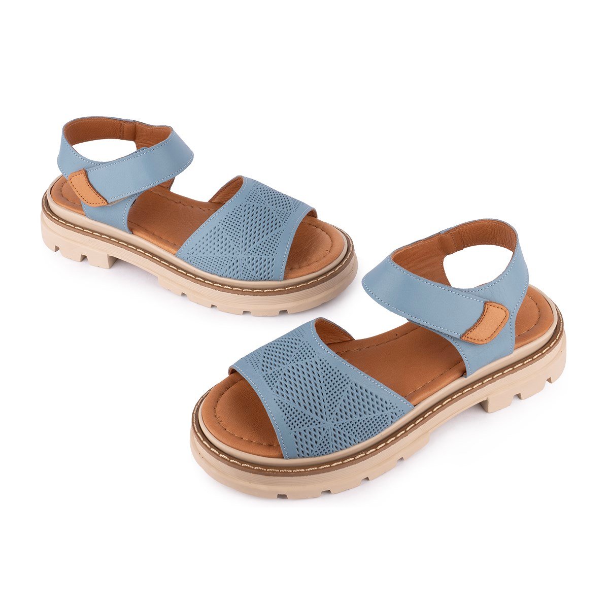  Hakiki Deri Lazer Baskılı Ledy Modern Sandalet Kot Mavi 09-LN-34