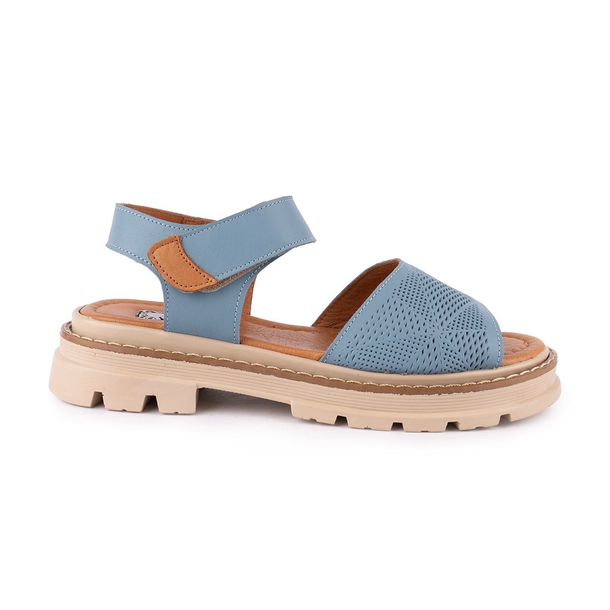  Hakiki Deri Lazer Baskılı Ledy Modern Sandalet Kot Mavi 09-LN-34