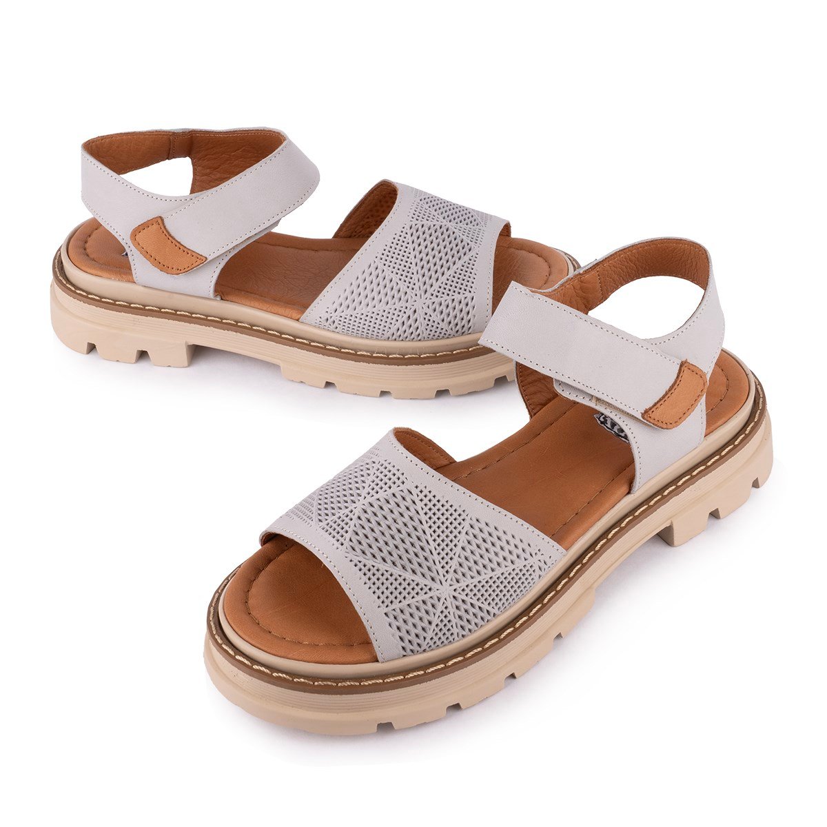  Hakiki Deri Lazer Baskılı Ledy Modern Sandalet Taş Deri 09-LN-34