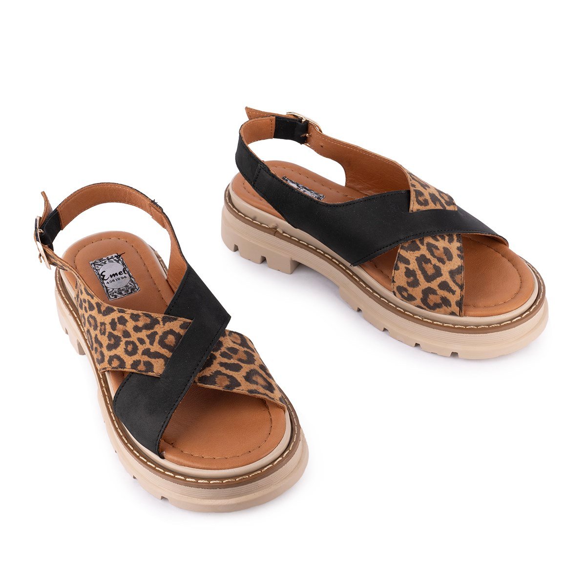 Hakiki Deri Leopar Deri Modern Sandalet Siyah Leopar 09-LN-04