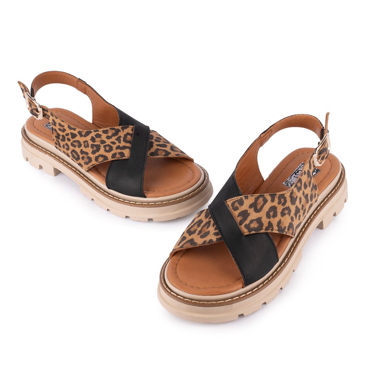 Hakiki Deri Leopar Deri Modern Sandalet Siyah Leopar 09-LN-04