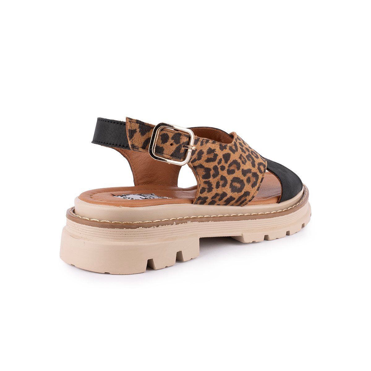 Hakiki Deri Leopar Deri Modern Sandalet Siyah Leopar 09-LN-04
