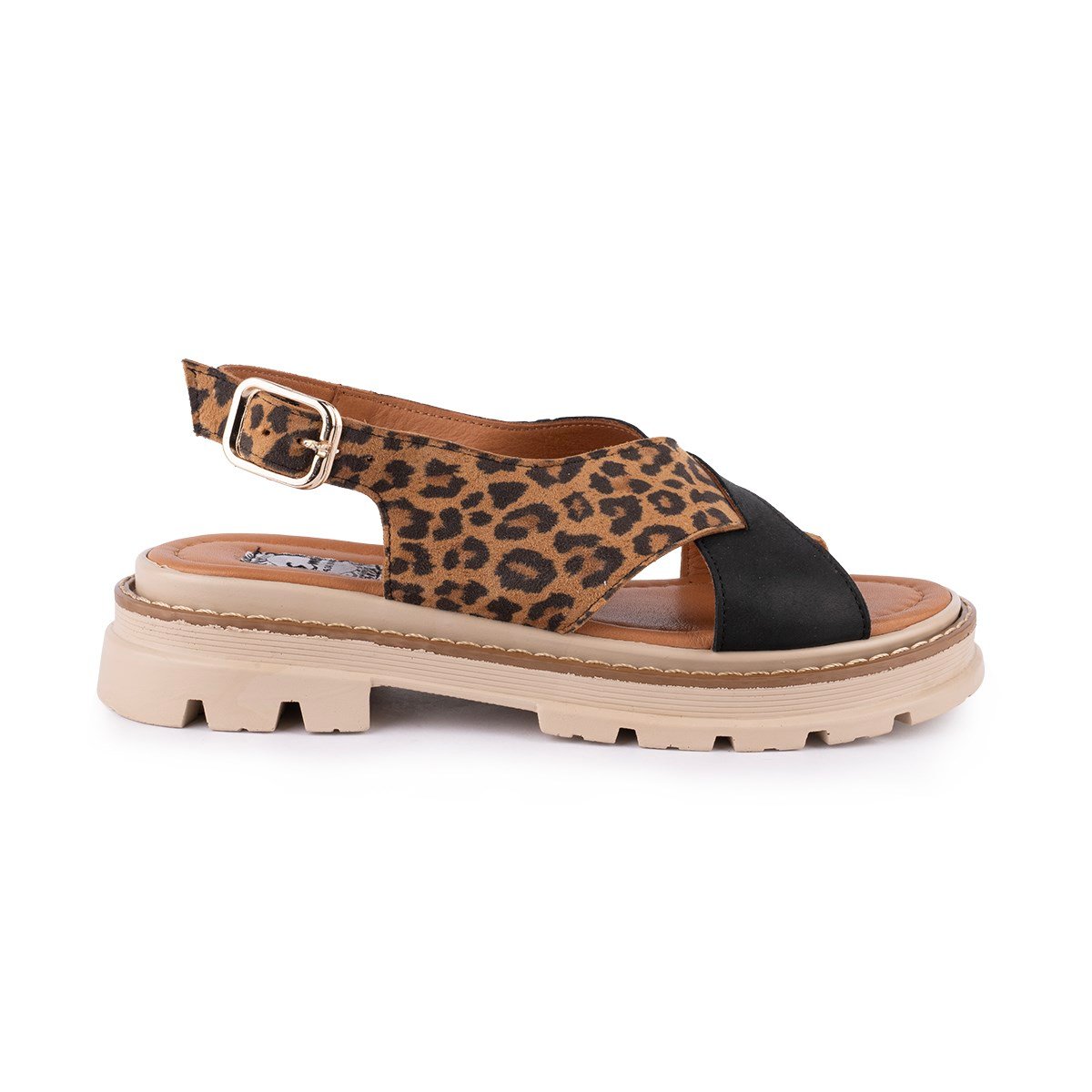Hakiki Deri Leopar Deri Modern Sandalet Siyah Leopar 09-LN-04