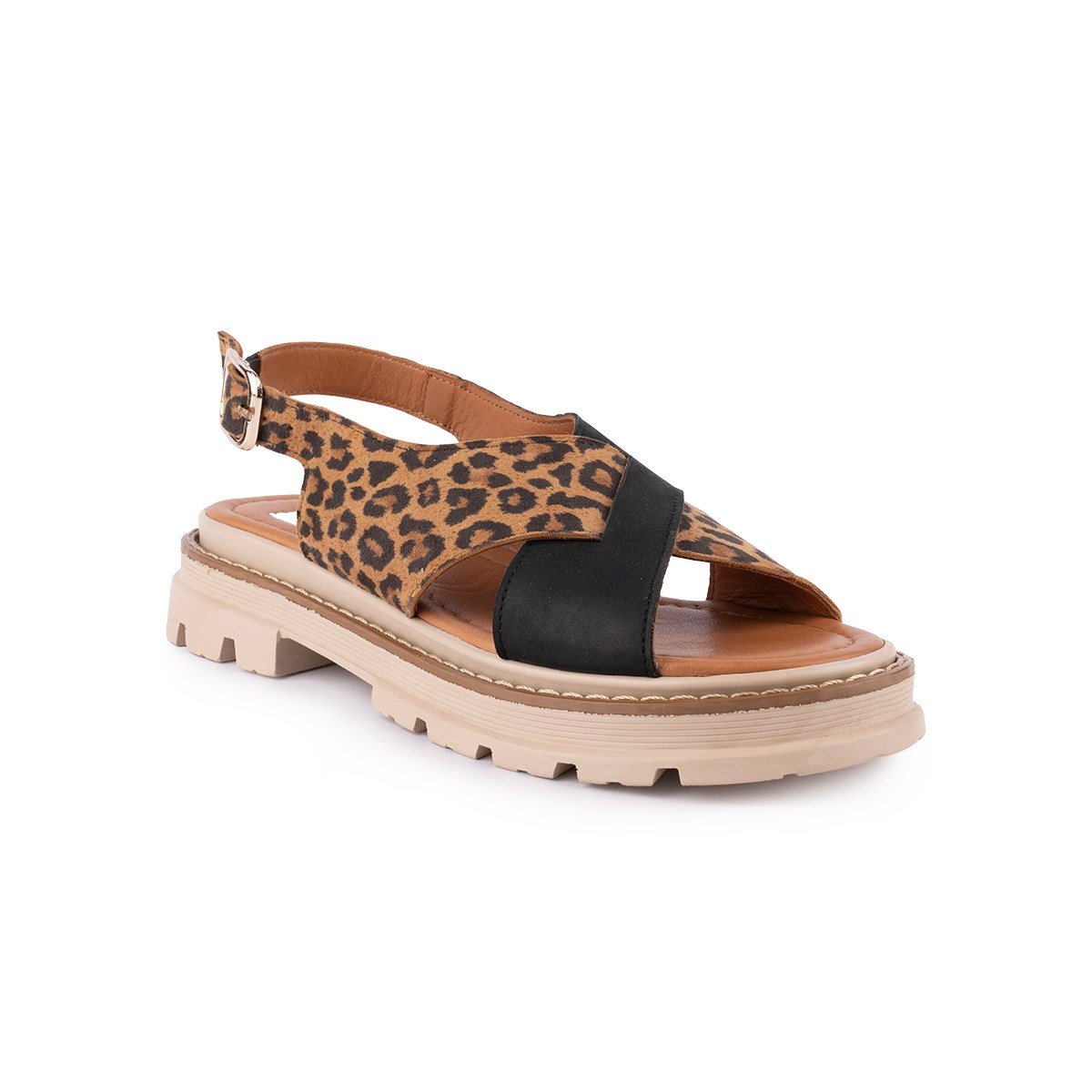 Hakiki Deri Leopar Deri Modern Sandalet Siyah Leopar 09-LN-04