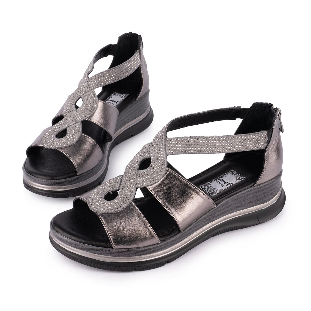 Hakiki Deri Taşlı Fermuarlı Modern Sandalet 1115 Platin
