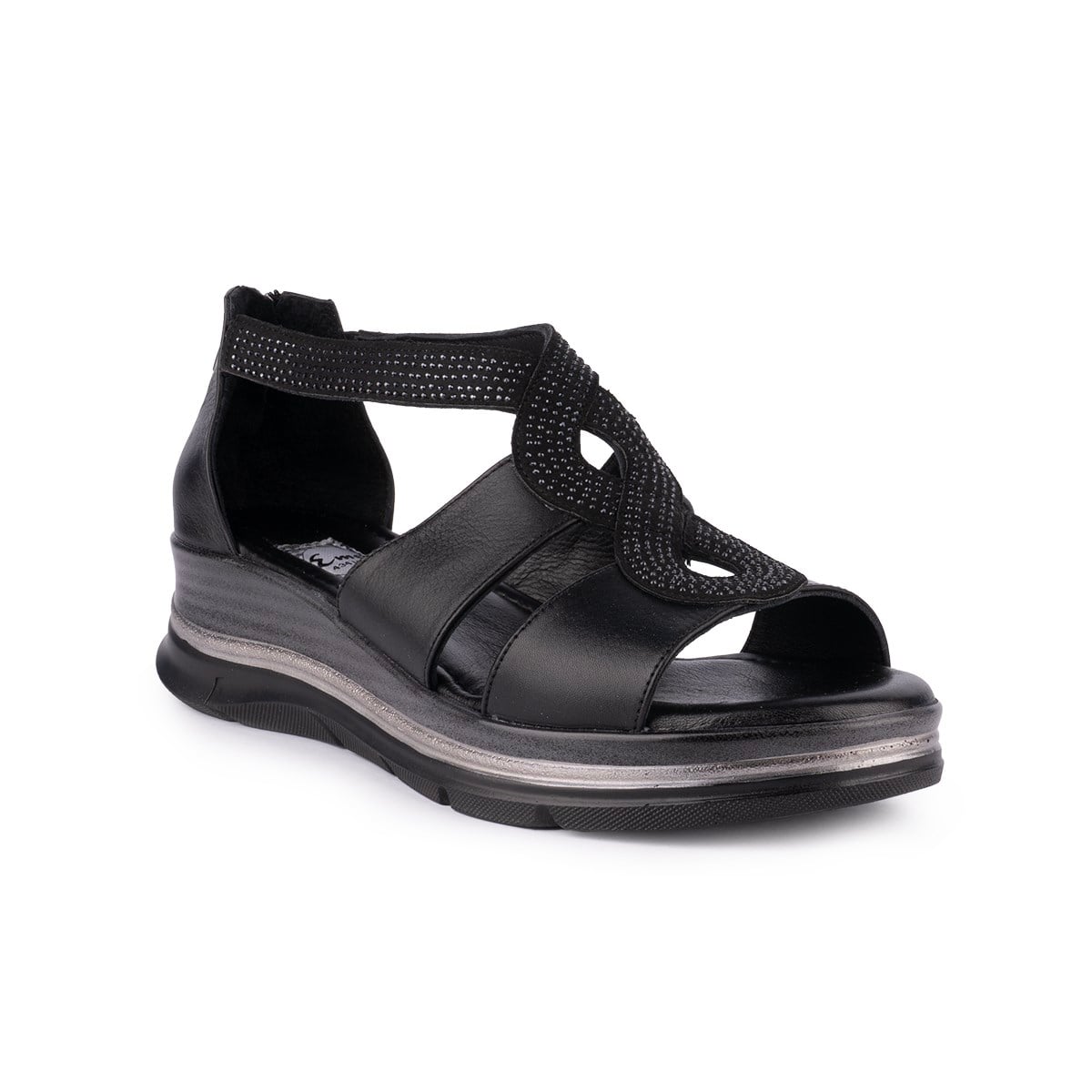 Hakiki Deri Taşlı Fermuarlı Modern Sandalet 1115 Siyah