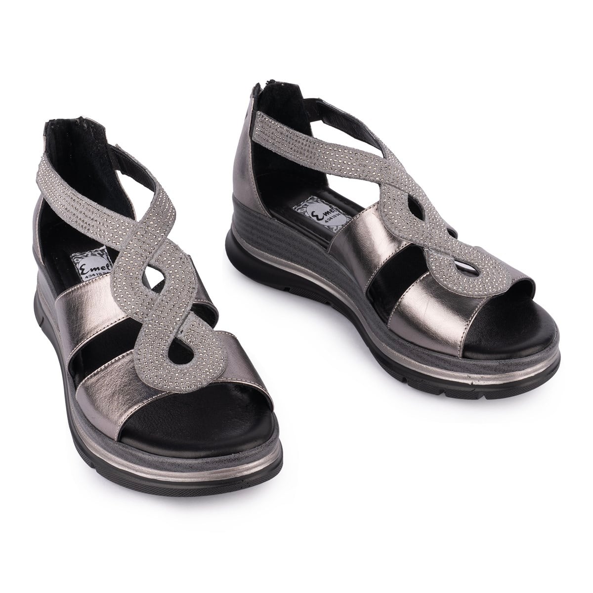 Hakiki Deri Taşlı Fermuarlı Modern Sandalet 1115 Platin