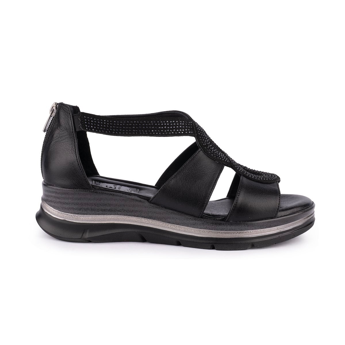 Hakiki Deri Taşlı Fermuarlı Modern Sandalet 1115 Siyah