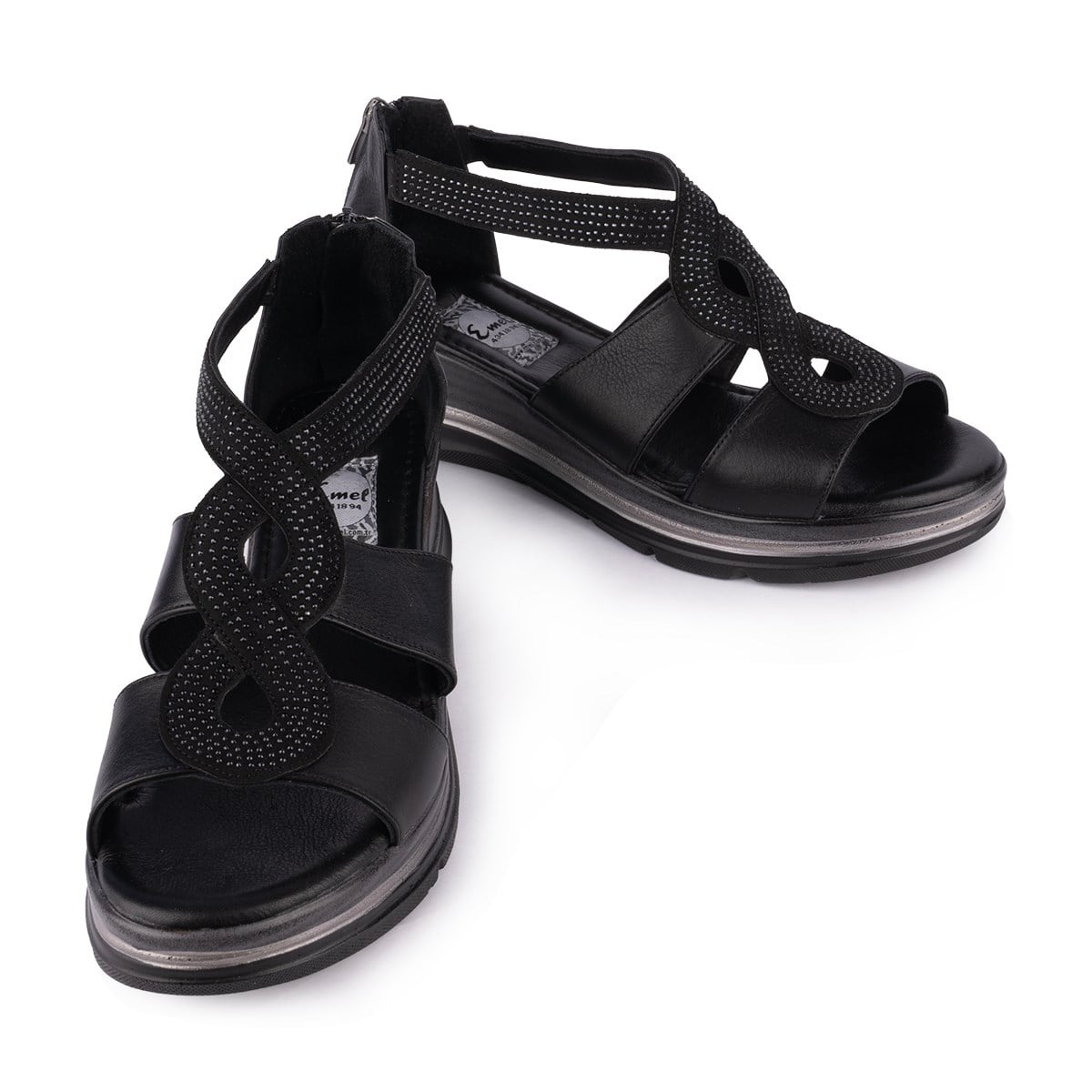 Hakiki Deri Taşlı Fermuarlı Modern Sandalet 1115 Siyah