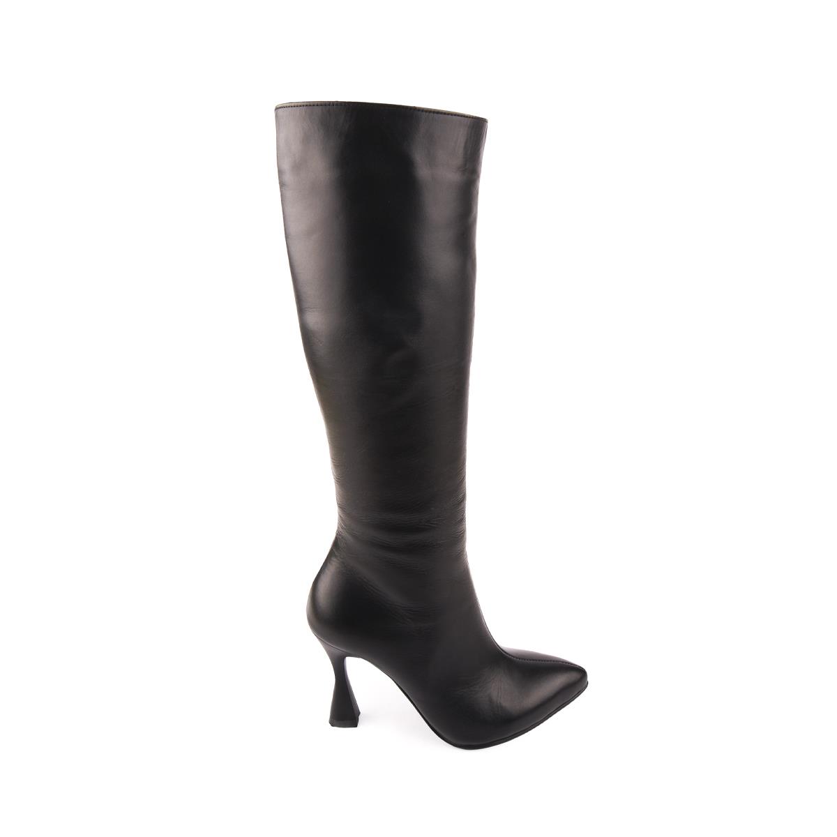 Modern Rahat Sivri Stiletto Deri Çizme Siyah 14201