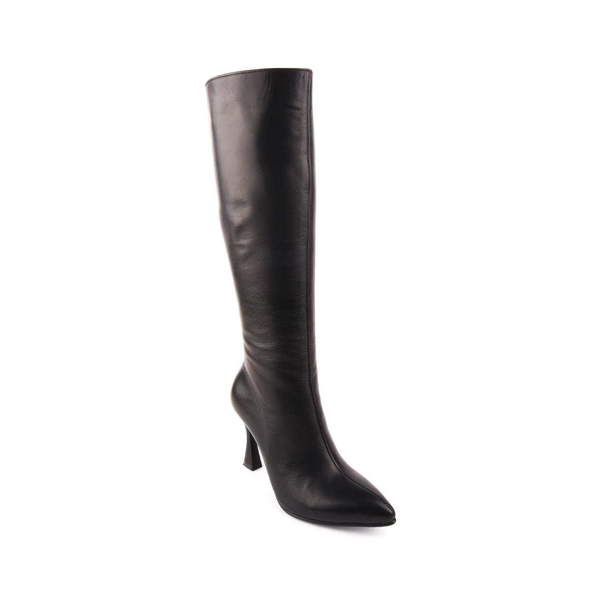Modern Rahat Sivri Stiletto Deri Çizme Siyah 14201