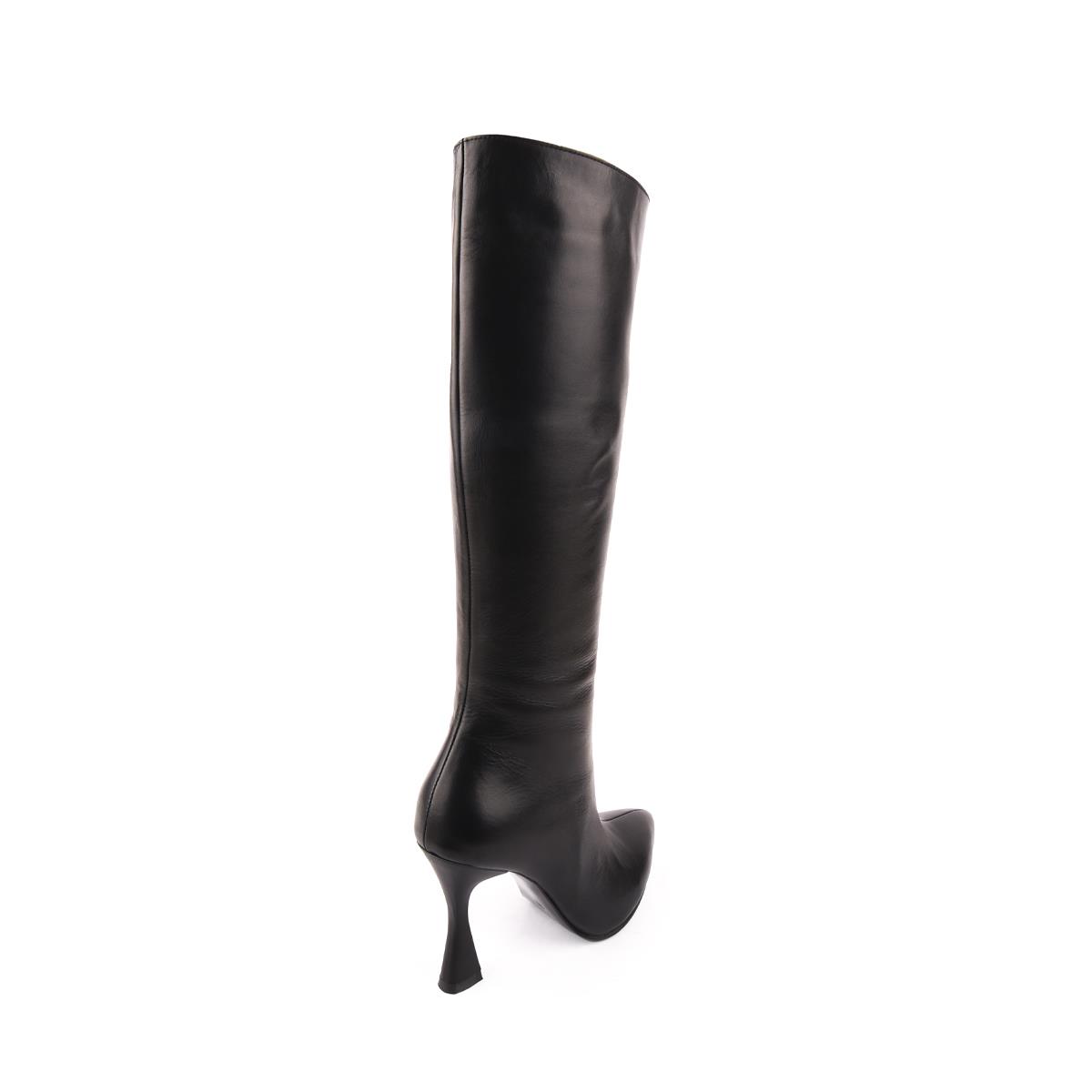 Modern Rahat Sivri Stiletto Deri Çizme Siyah 14201