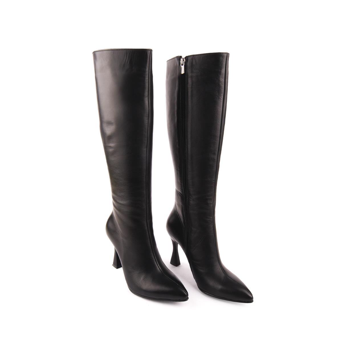 Modern Rahat Sivri Stiletto Deri Çizme Siyah 14201