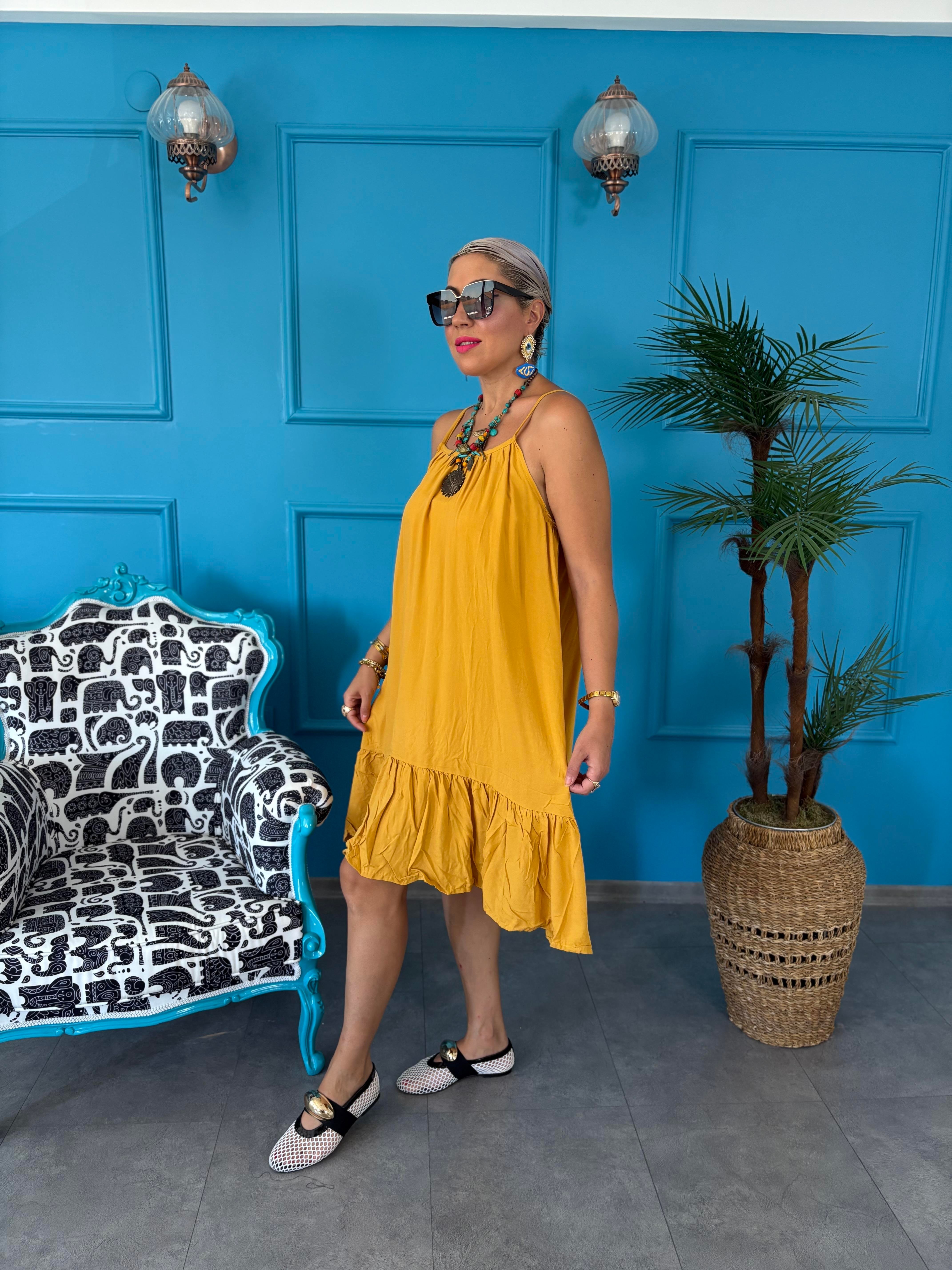 Askılı Hardal Kısa Elbise