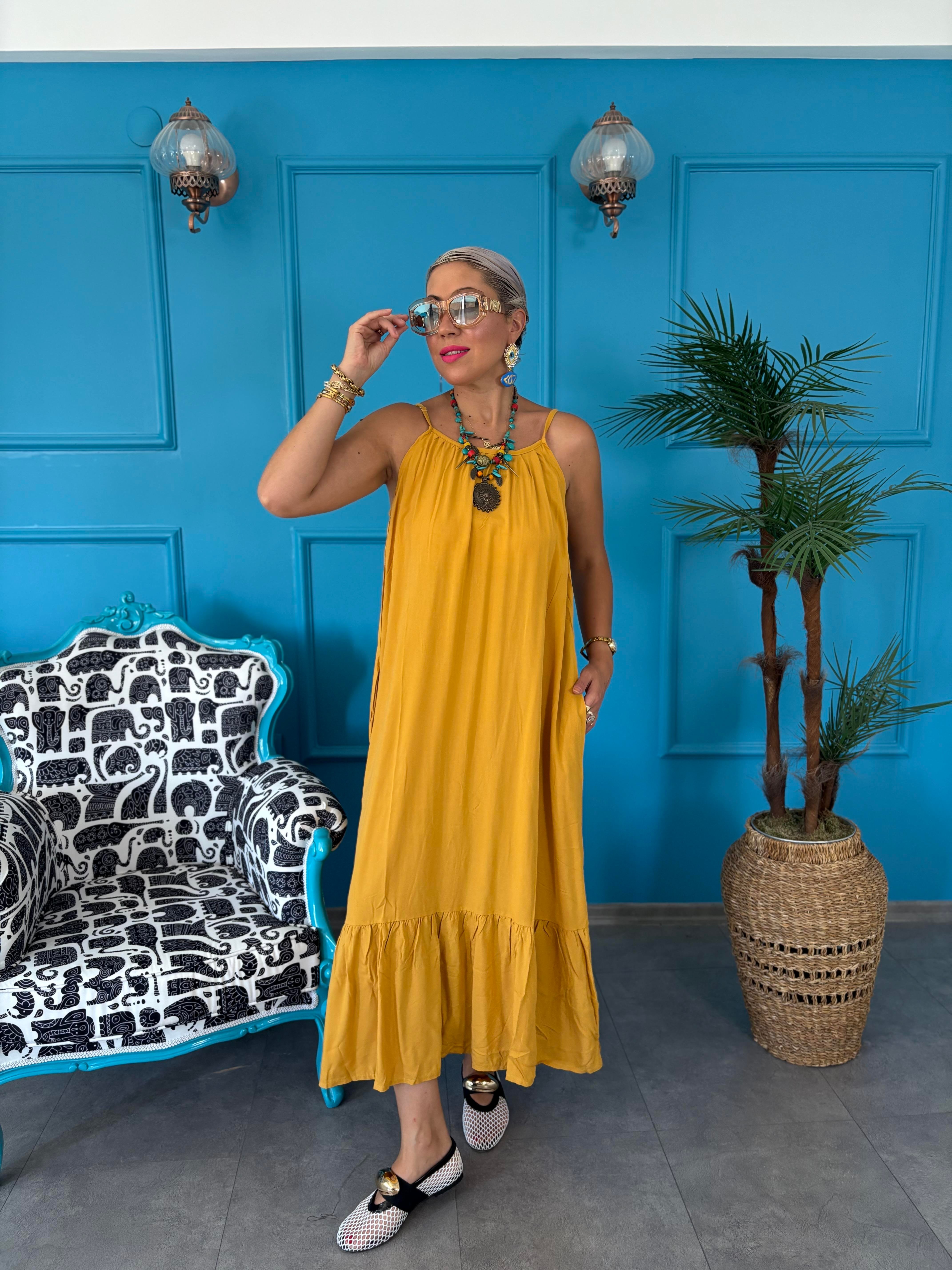 Askılı Hardal Uzun Elbise