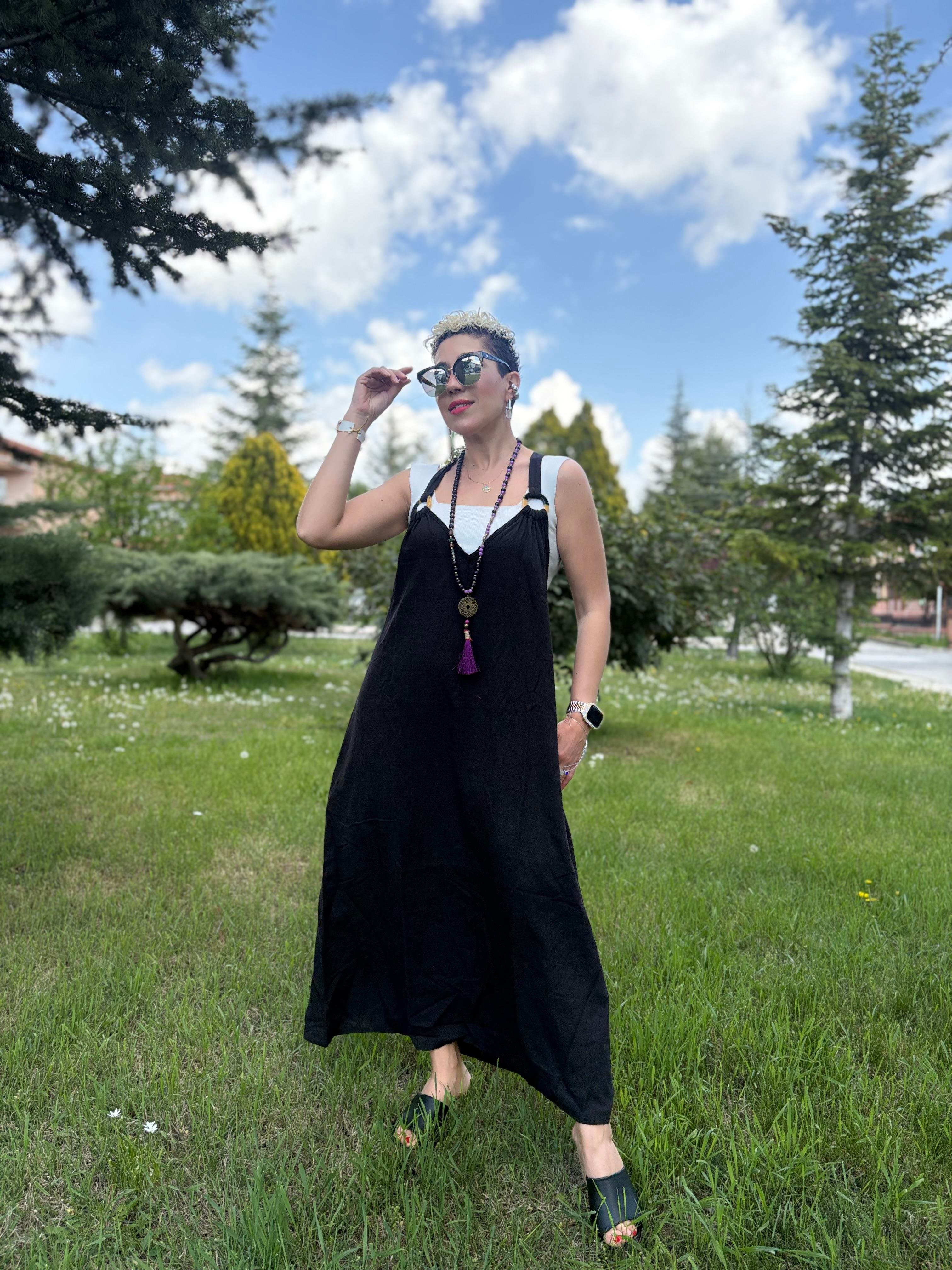 Askılı Pamuk Keten Siyah Elbise