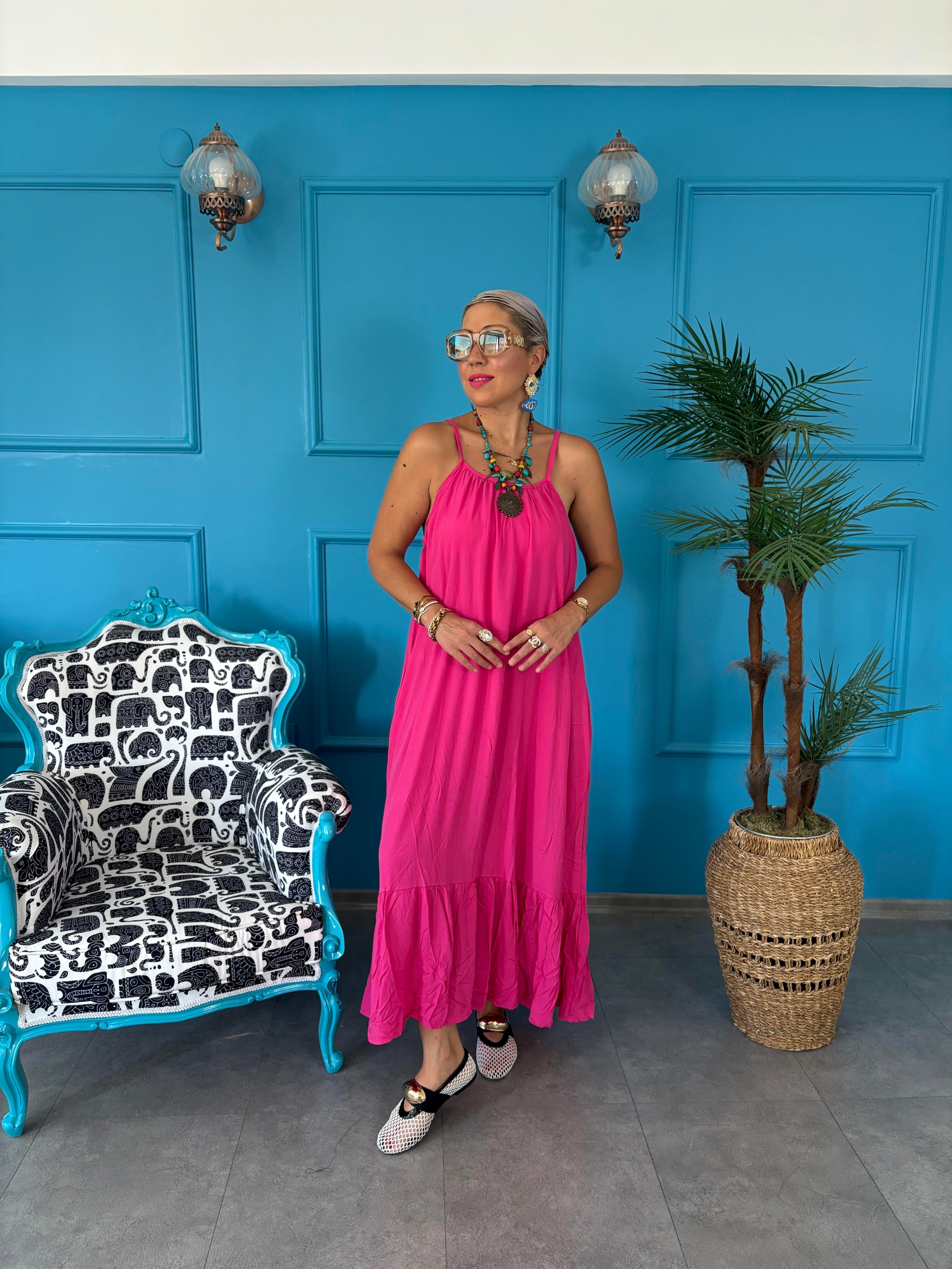 Askılı Pembe Uzun Elbise