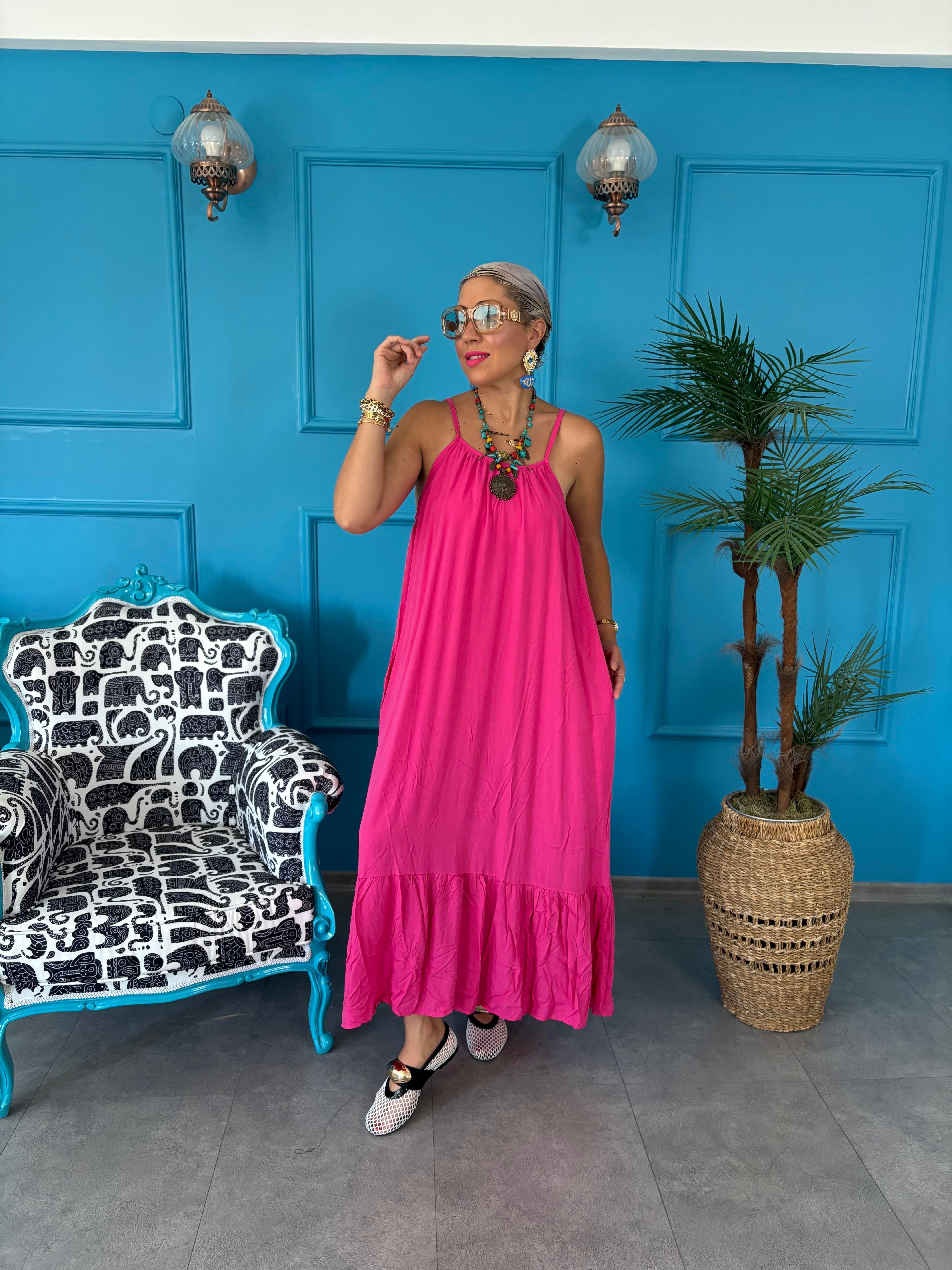 Askılı Pembe Uzun Elbise