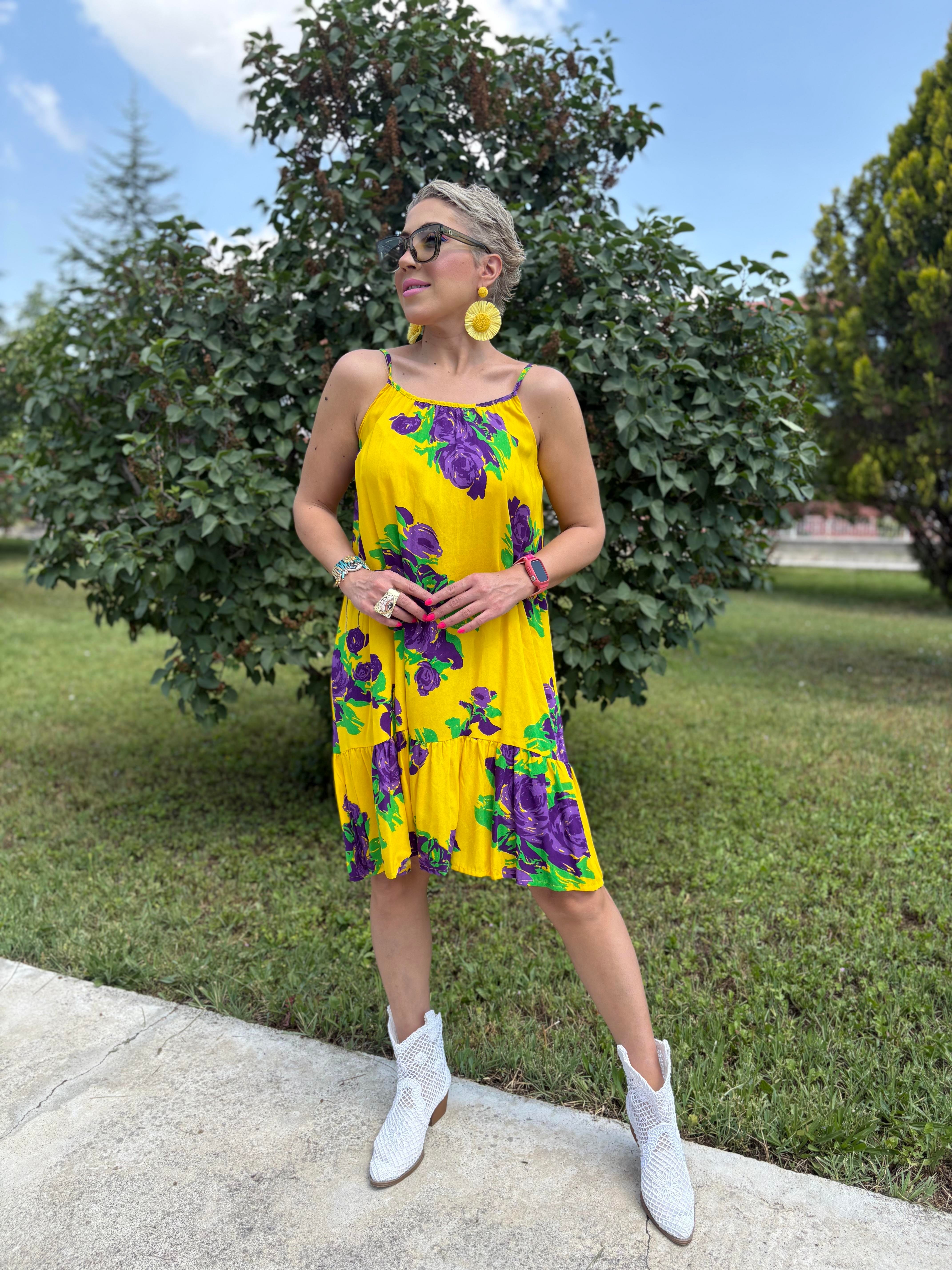 Çiçek Desenli Askılı Sarı Elbise