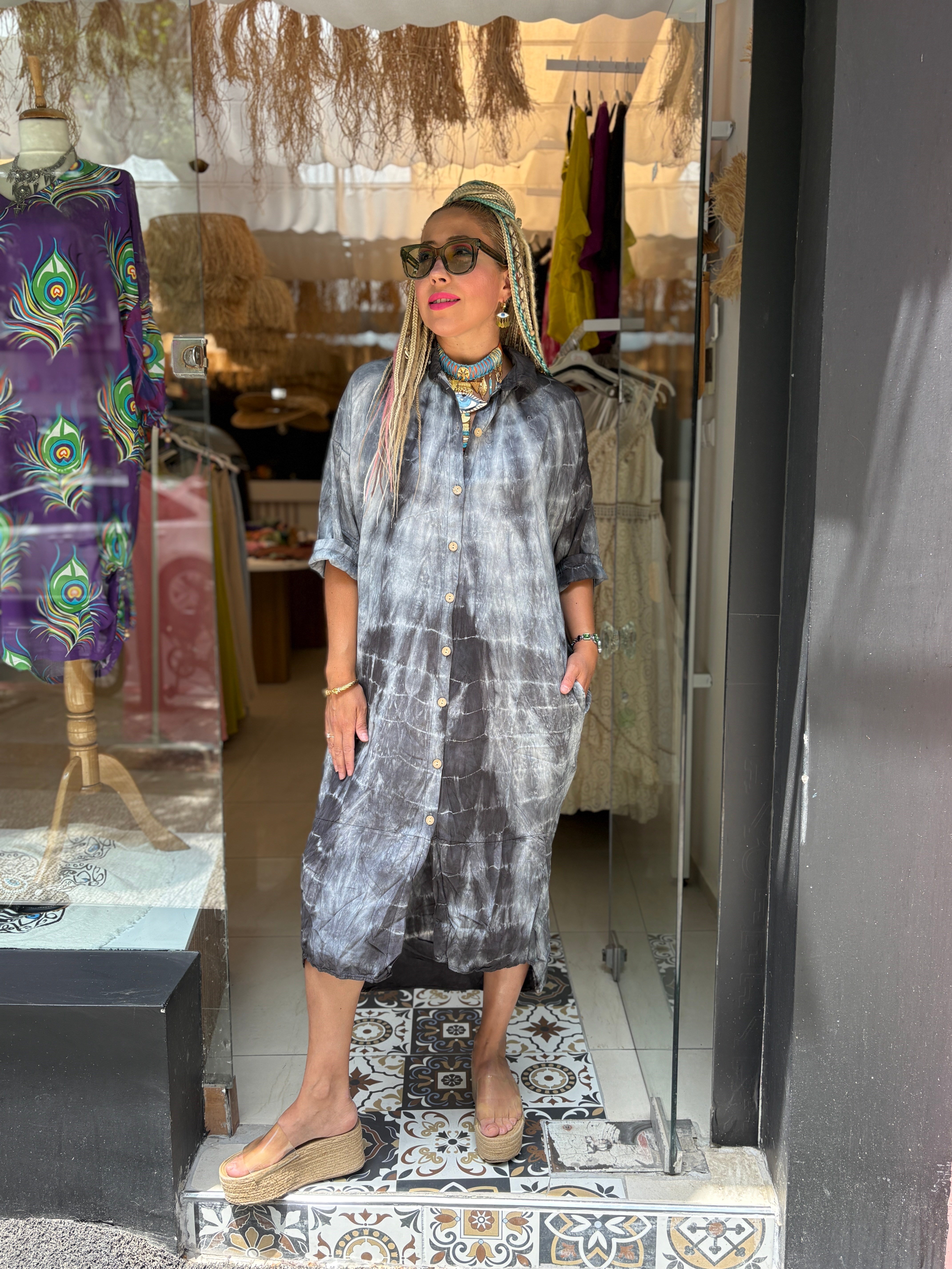 Halka Detaylı Antrasit Batik Elbise
