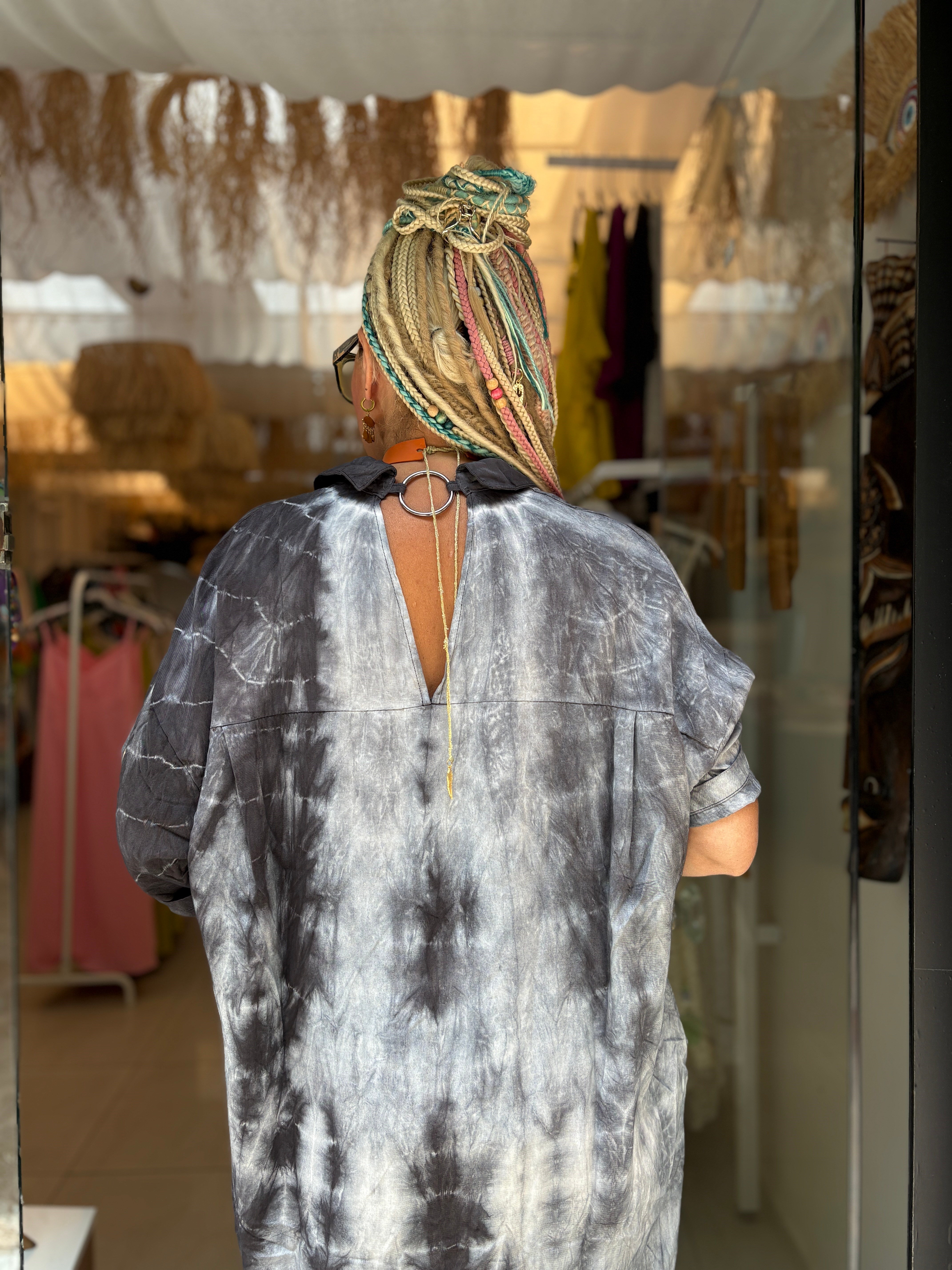 Halka Detaylı Antrasit Batik Elbise