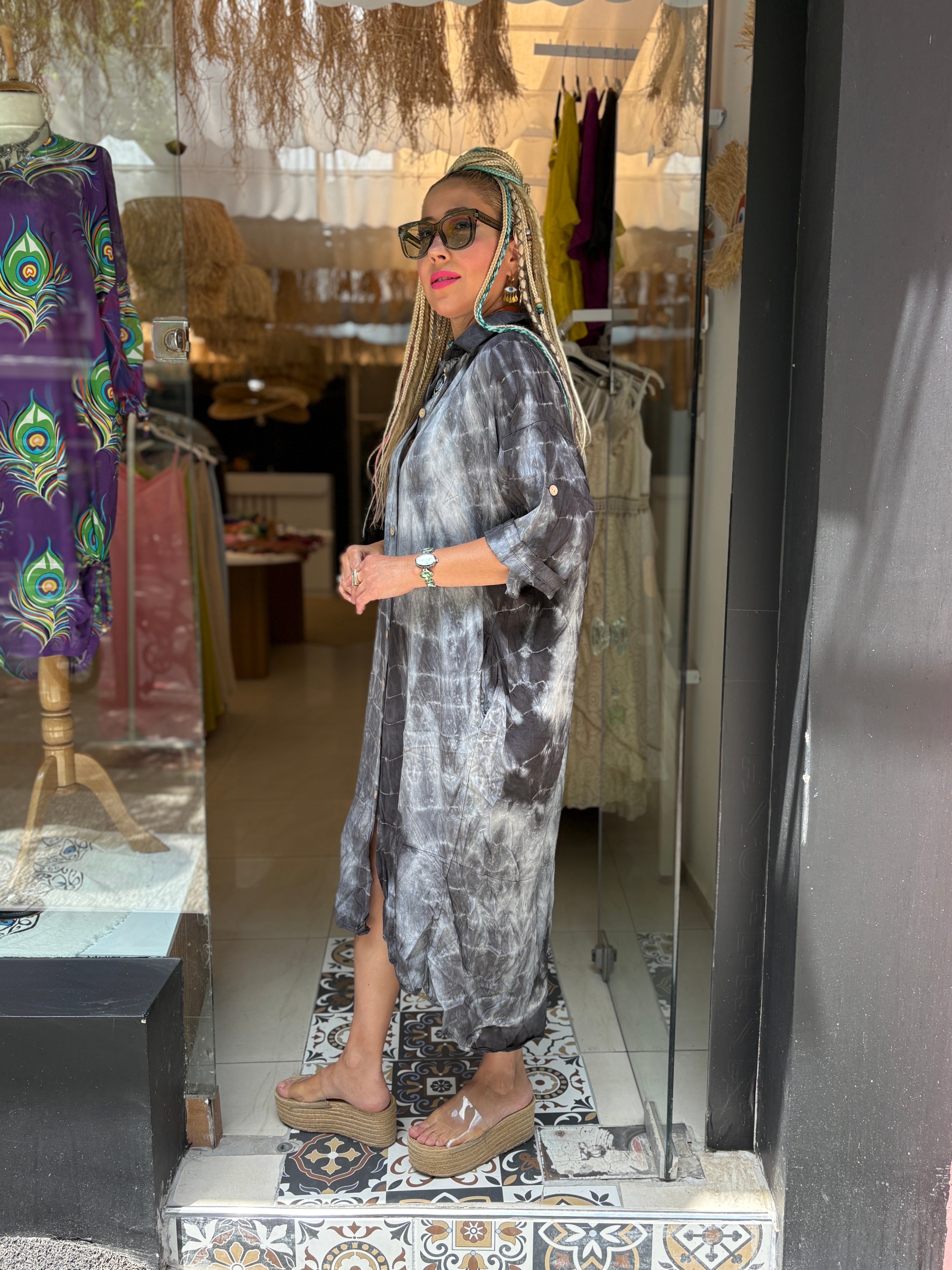 Halka Detaylı Antrasit Batik Elbise