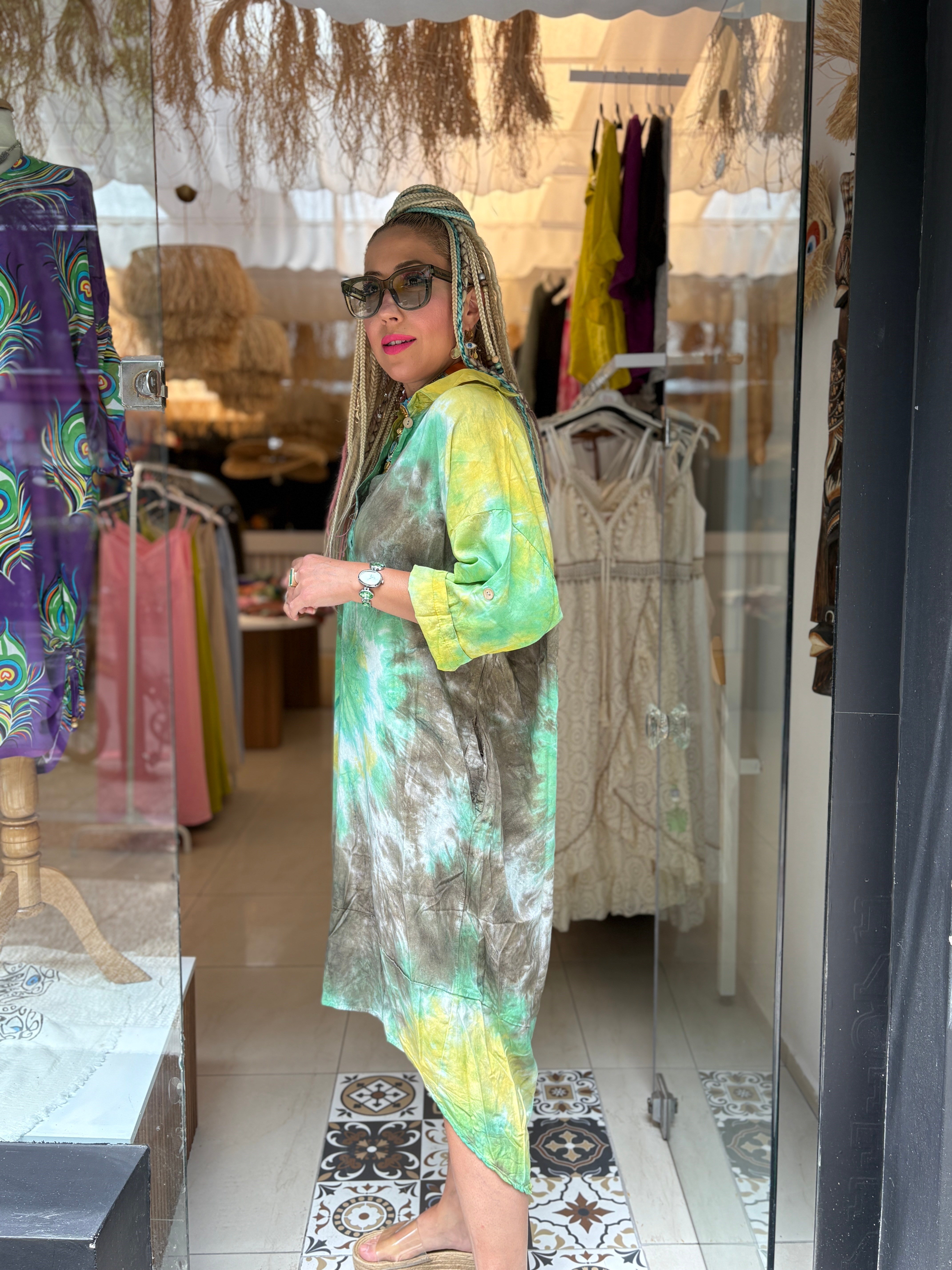 Halka Detaylı Yeşil Batik Elbise