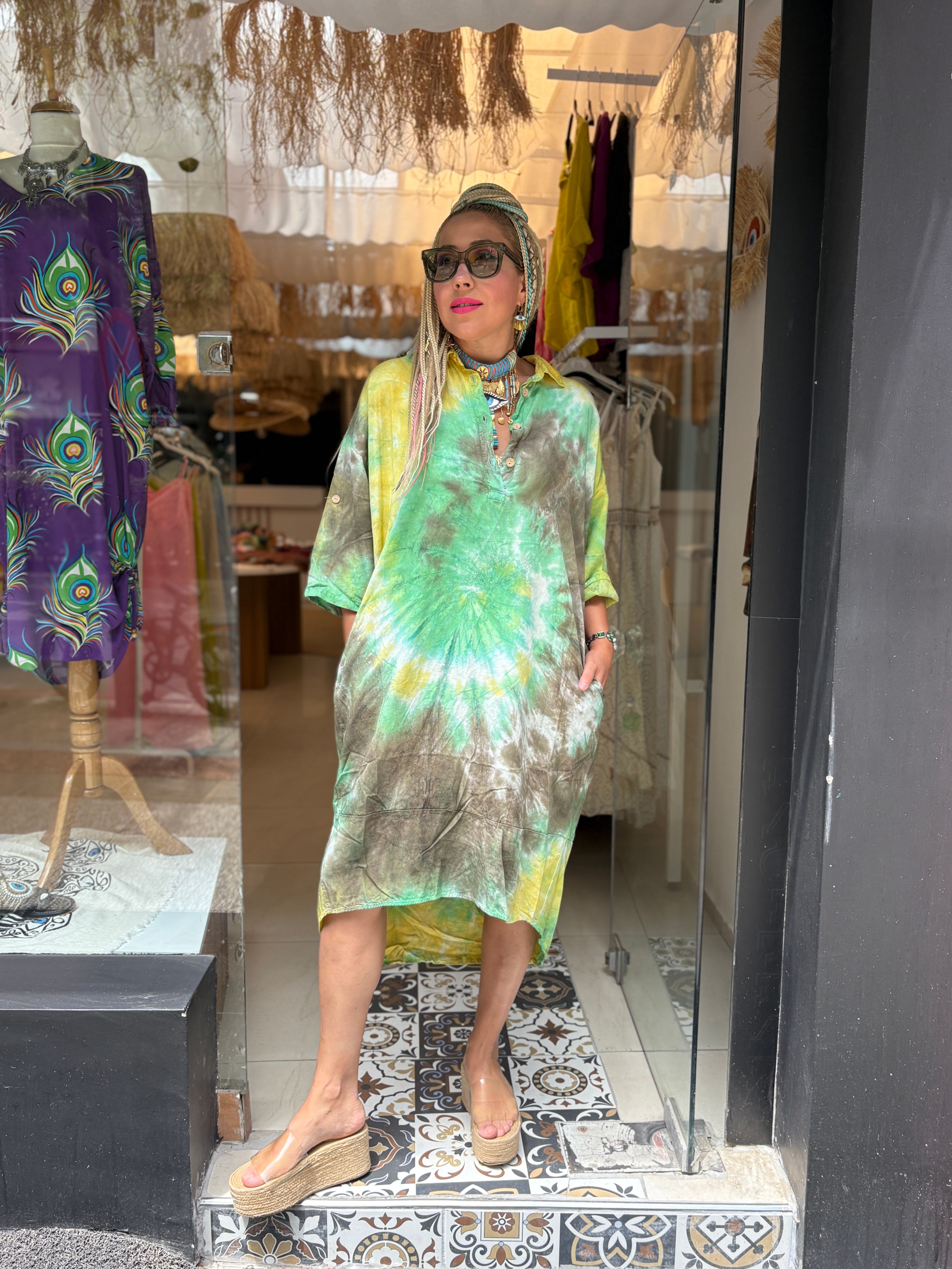 Halka Detaylı Yeşil Batik Elbise
