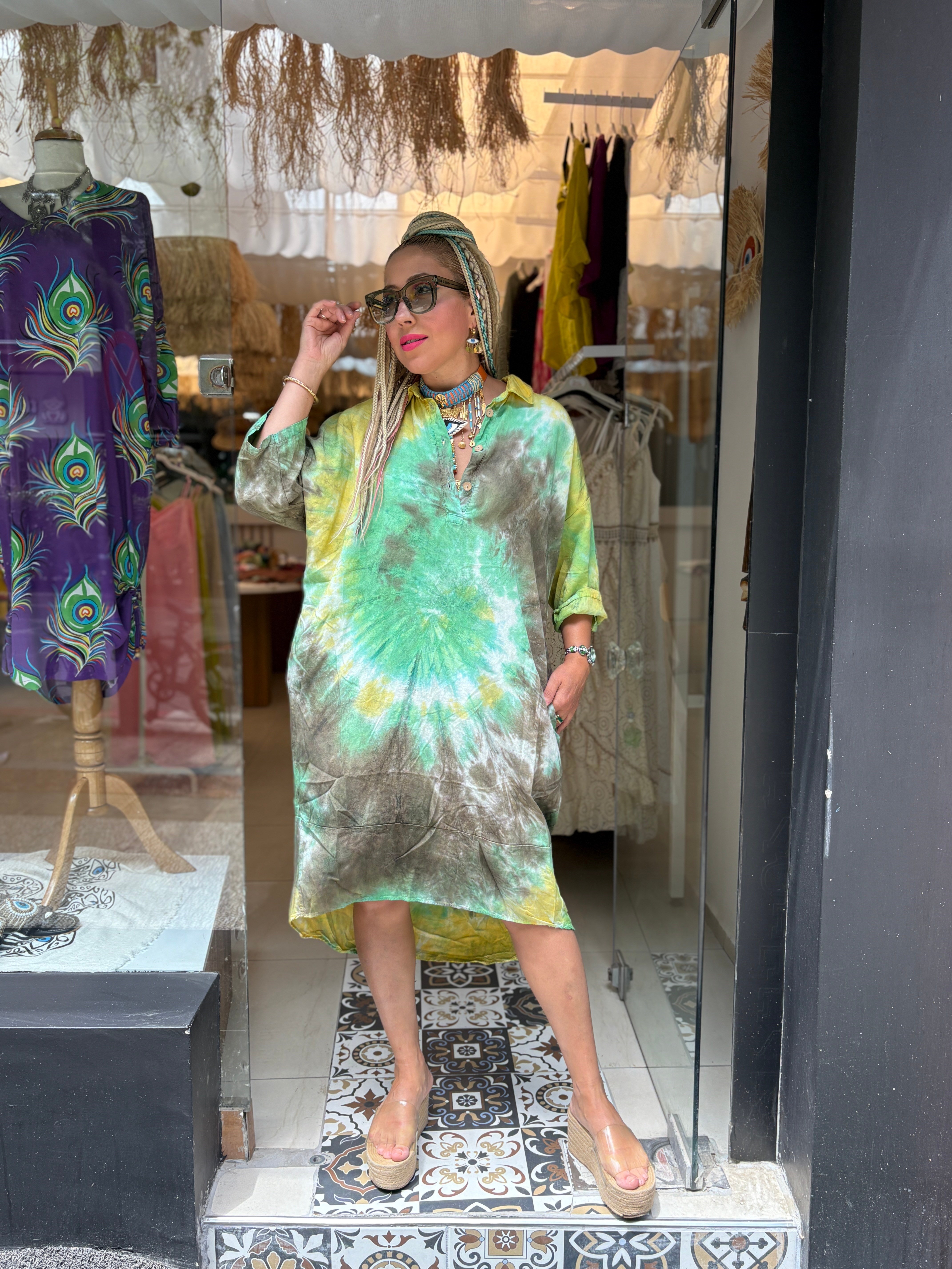 Halka Detaylı Yeşil Batik Elbise