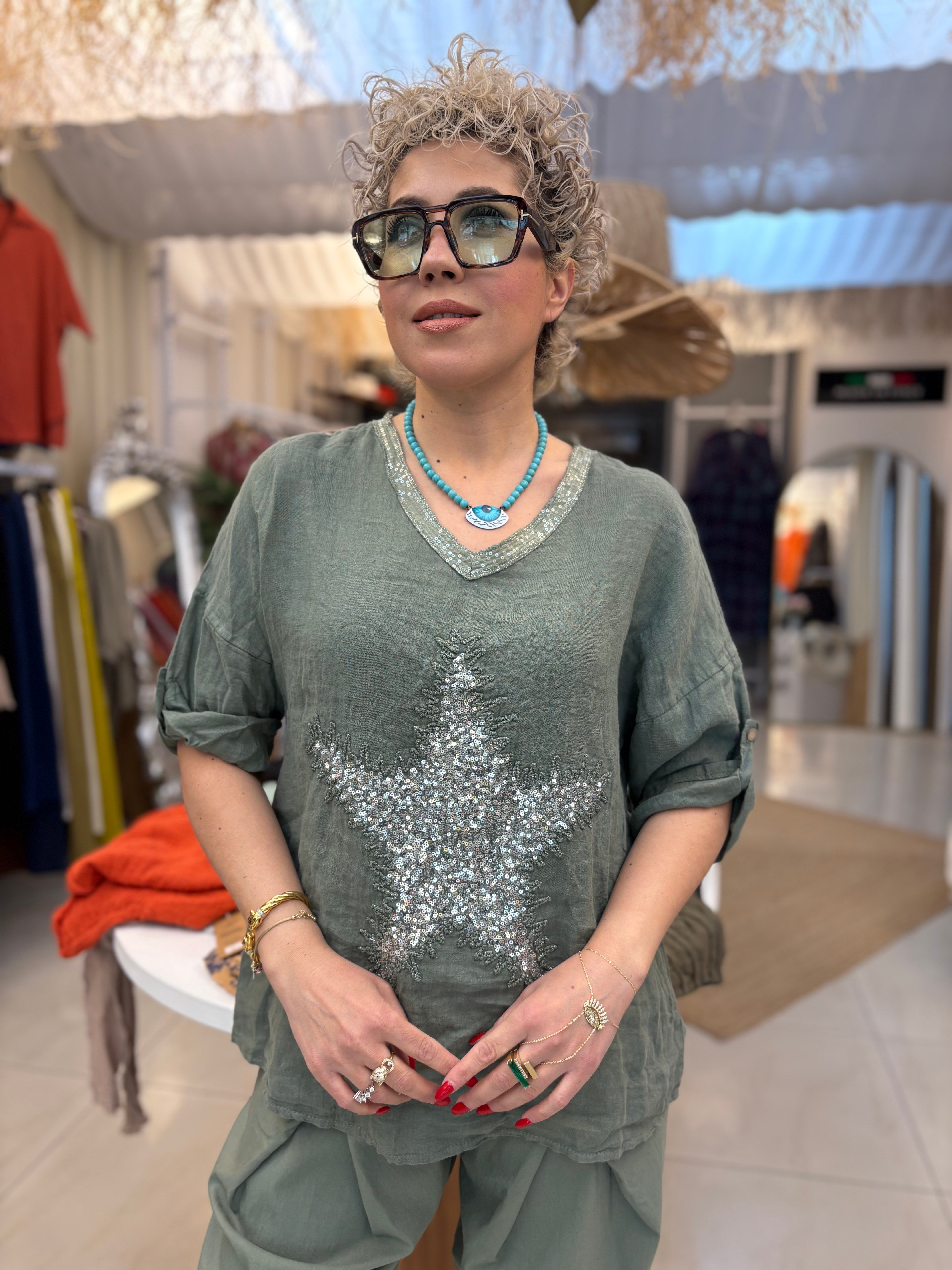 Ham Keten Payet Detaylı Haki İtalyan Bluz