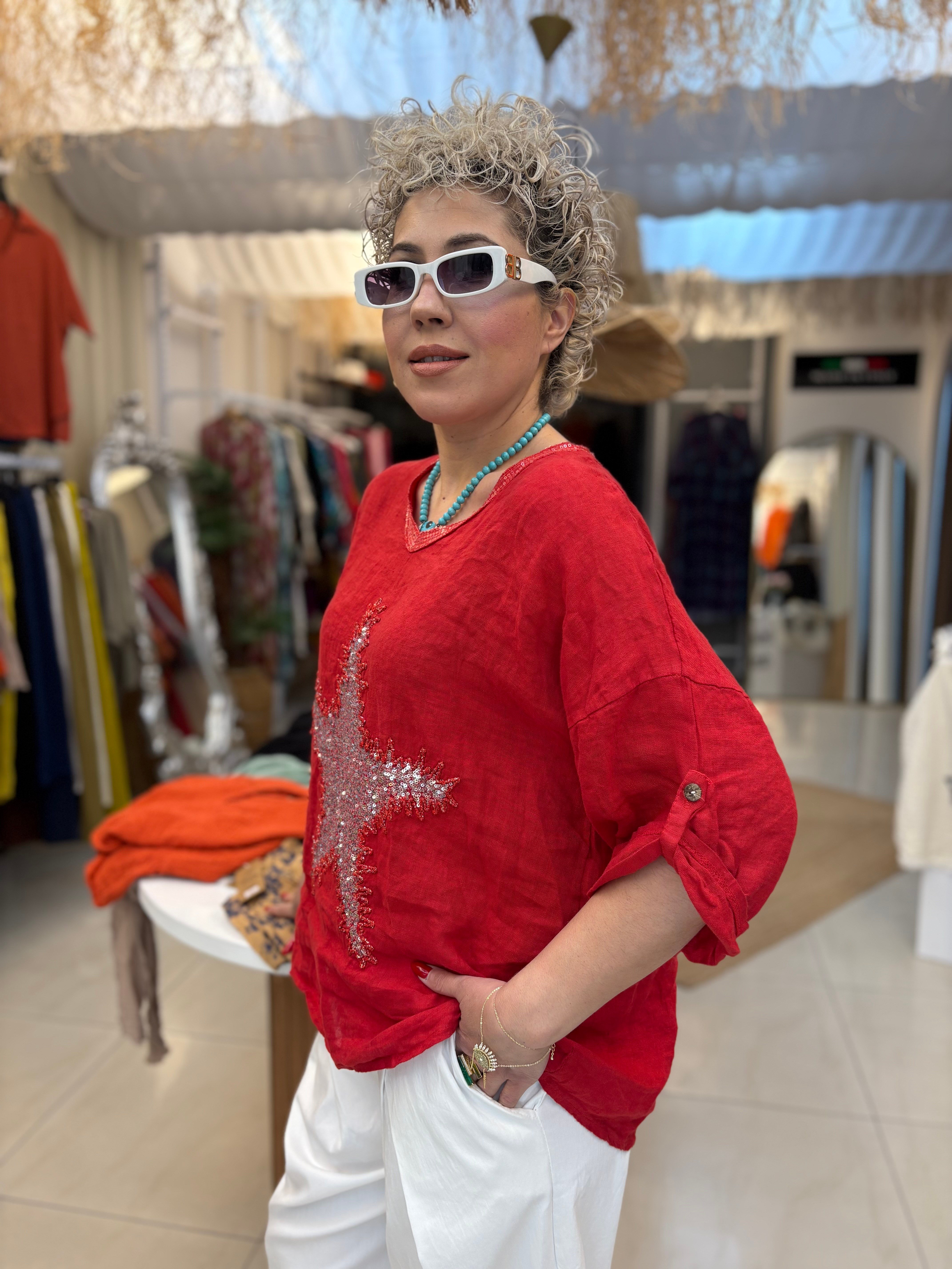 Ham Keten Payet Detaylı Kırmızı İtalyan Bluz