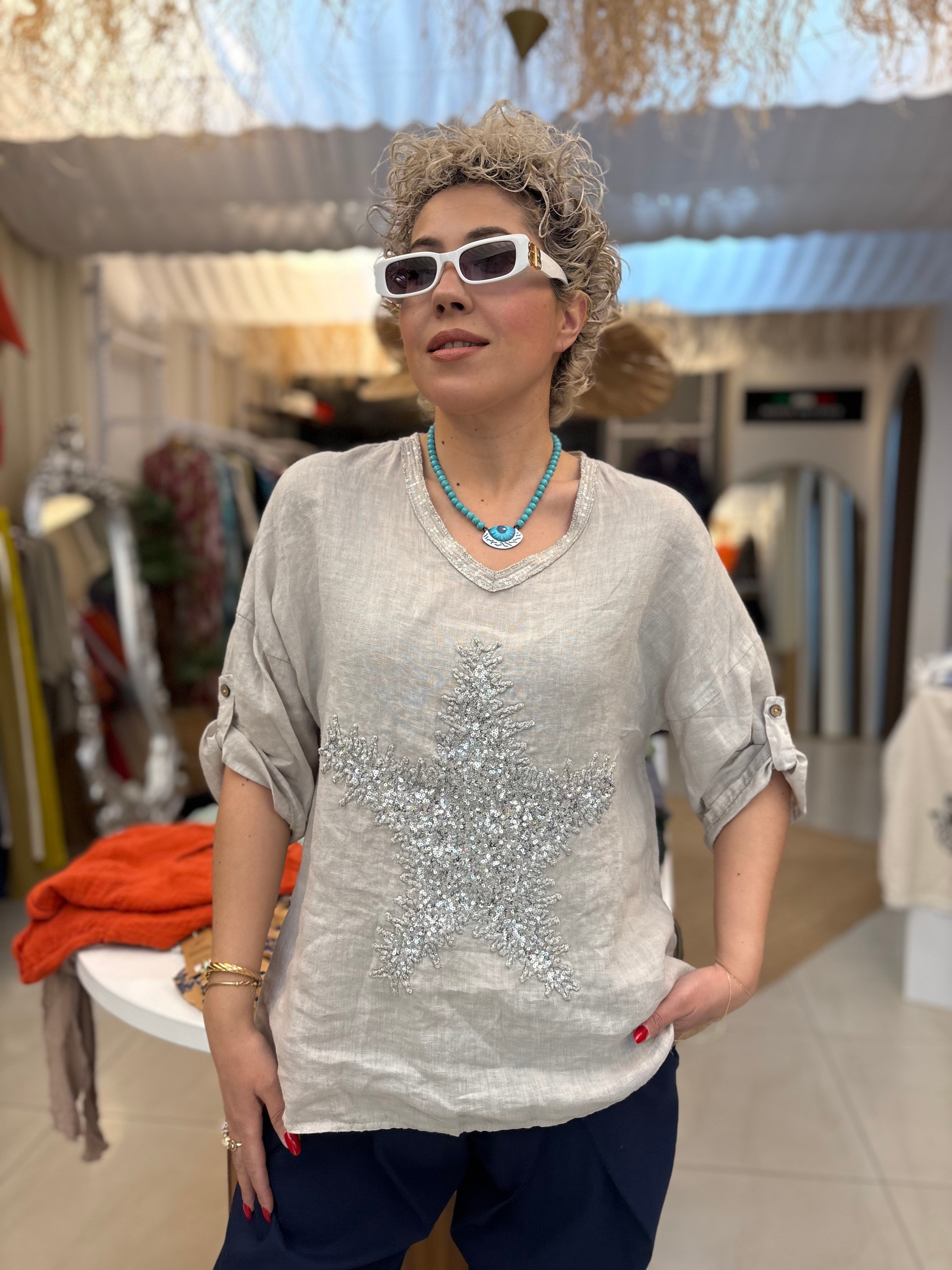 Ham Keten Payet Detaylı Krem İtalyan Bluz