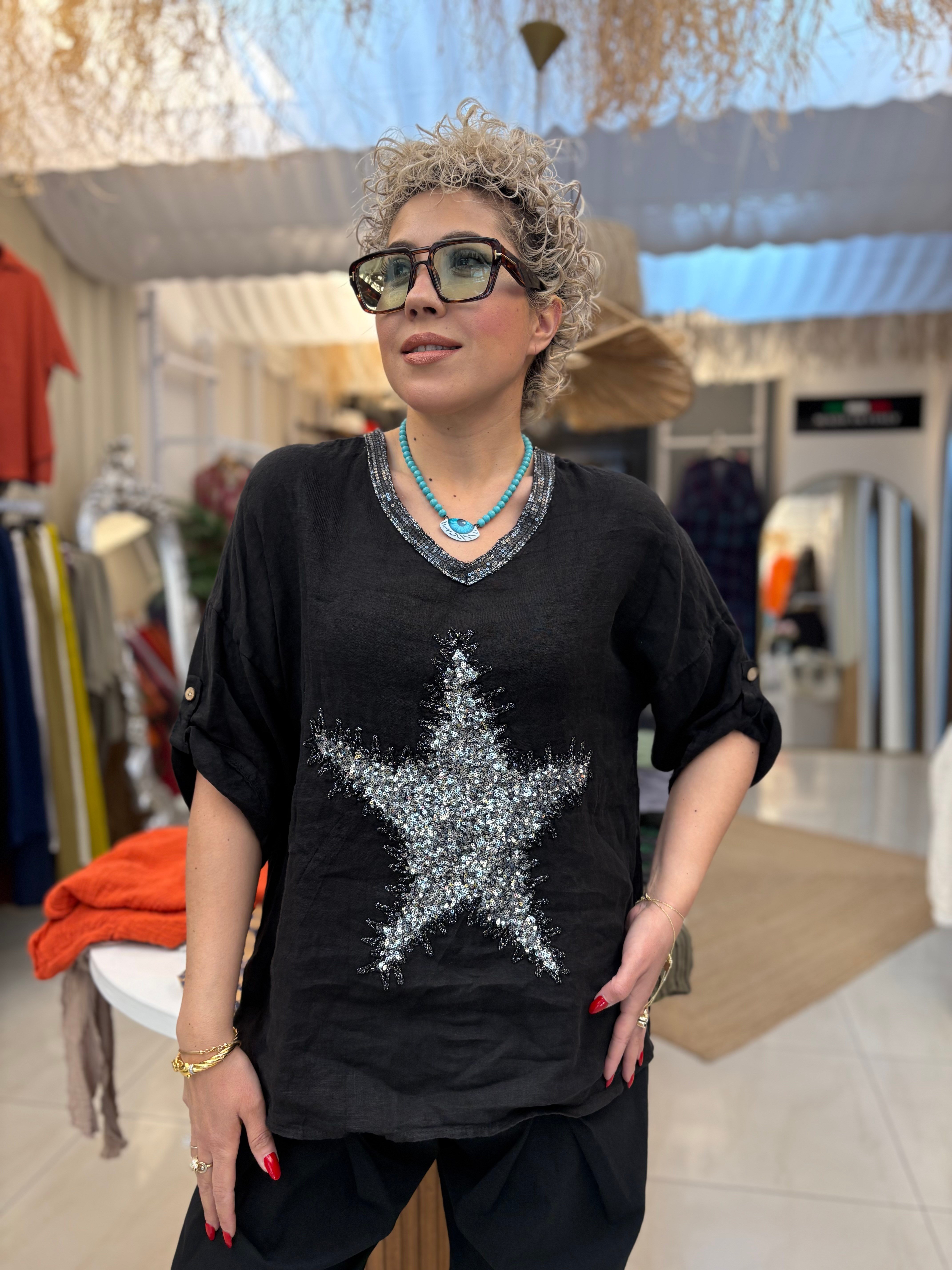 Ham Keten Payet Detaylı Siyah İtalyan Bluz