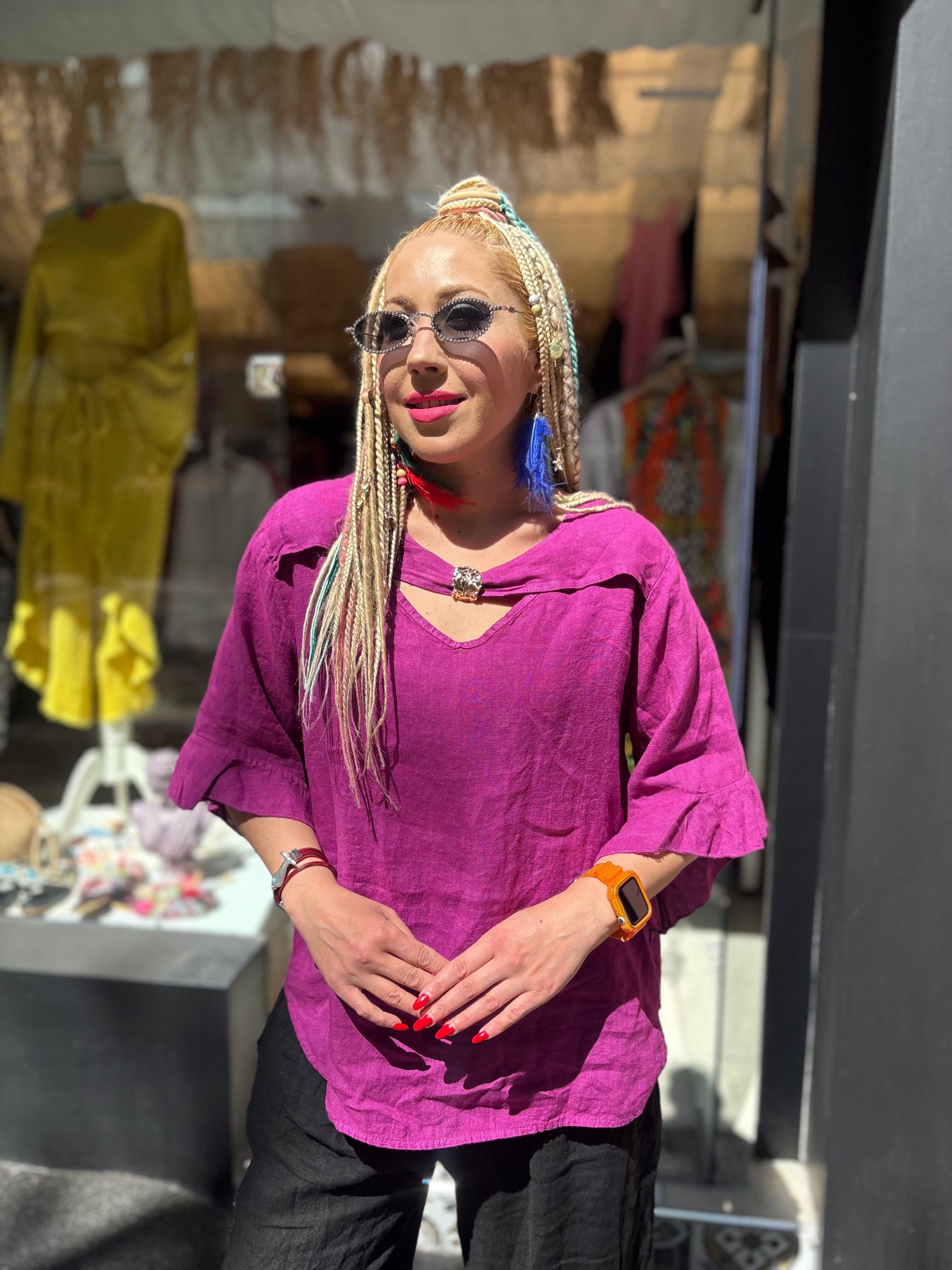 Ham Keten Toka Detaylı İtalyan Eflatun Bluz